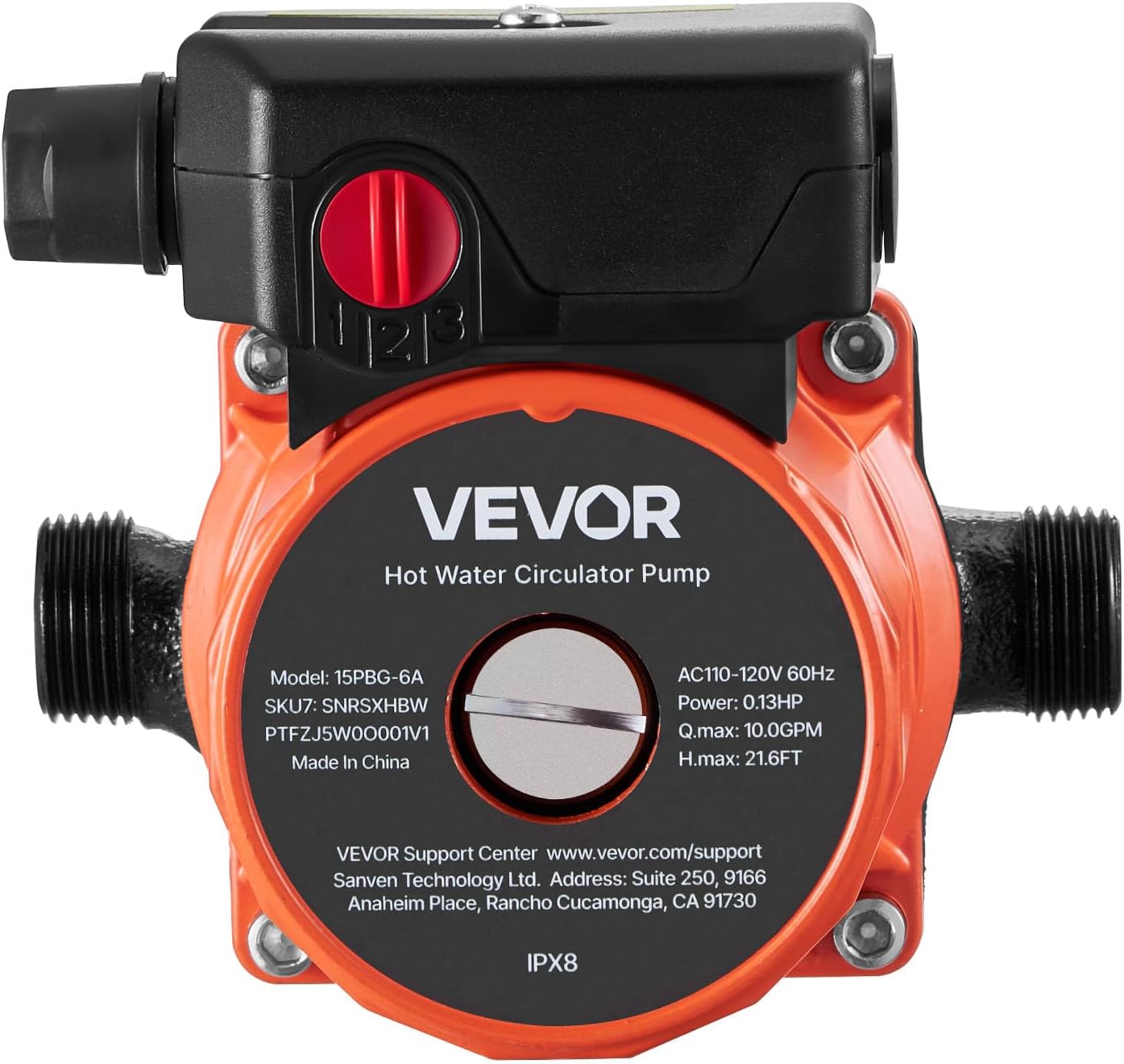 Primu pianu view of the VEVOR Hot Water Circulator Pump's label, displaying model number 15PBG-6A, voltage, power, and maximum flow/head lift.