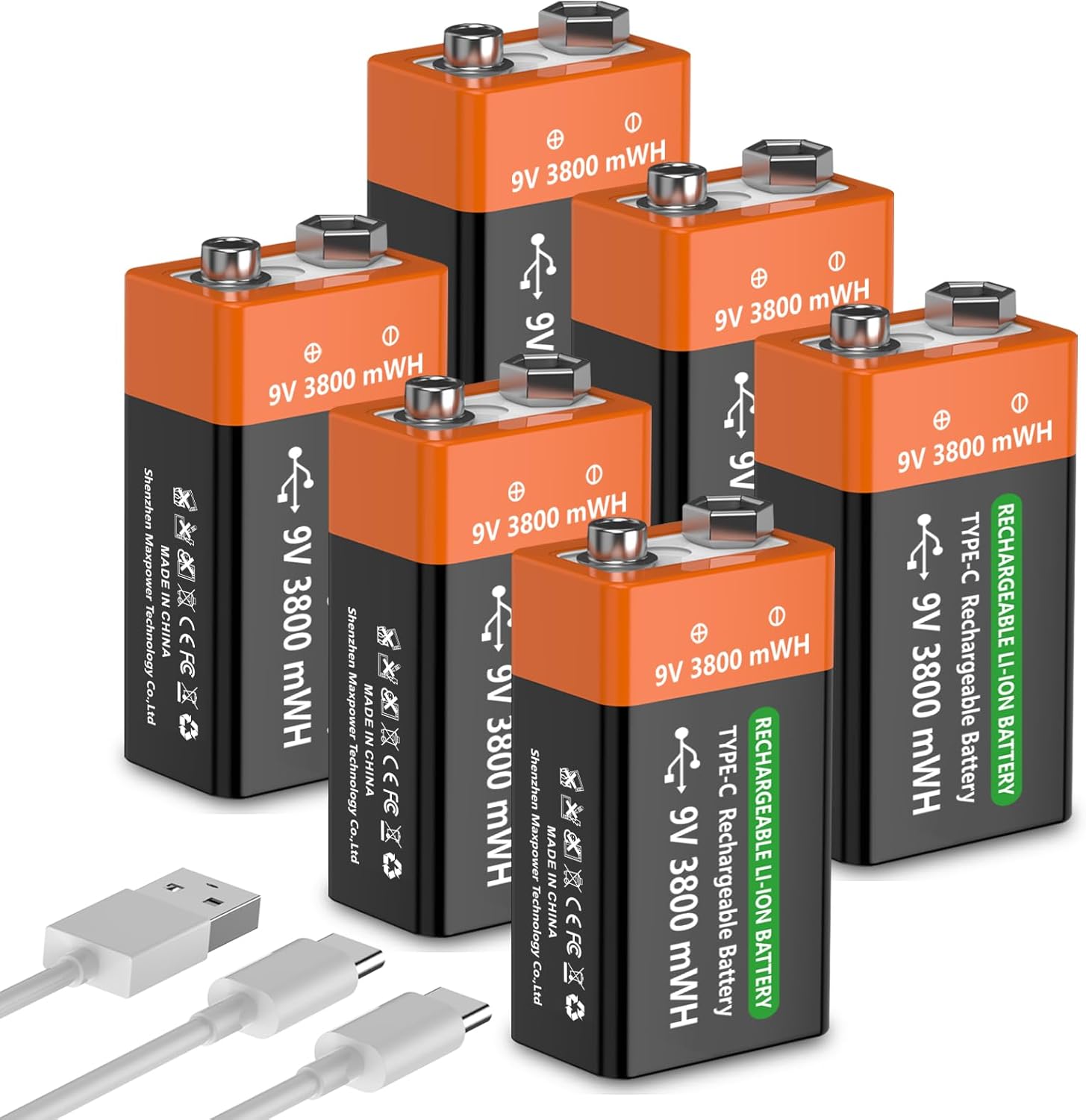 6Pack 9V Rechargeable Battery 3800mWh 9 V High Capacity Lithium Batteries for Smoke Detectors, Microphone, Alarms, Toys, Torches, Medical Devices etc