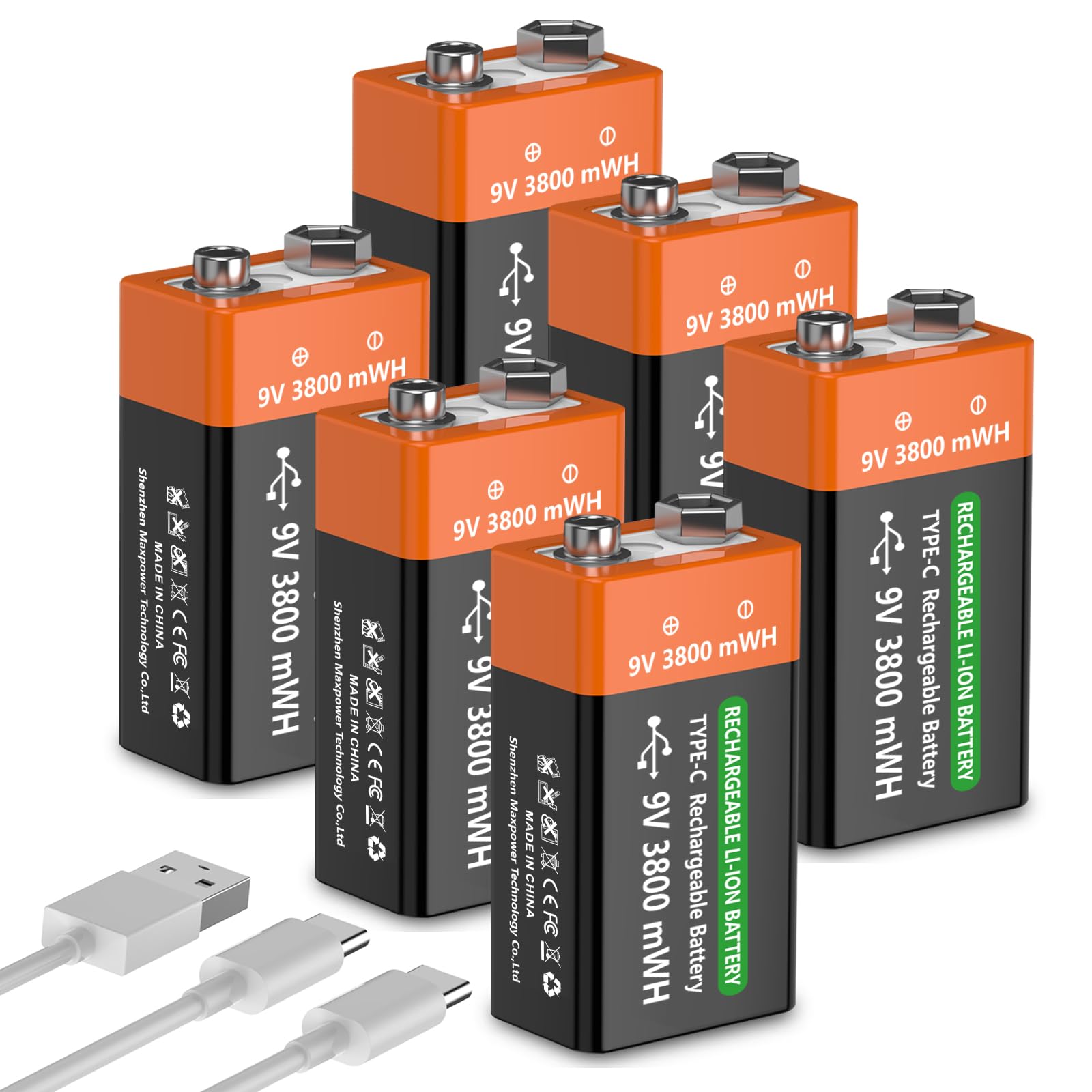 Lot de 6 batteries rechargeables 9 V 3800 mWh 9 V au lithium haute capacité pour détecteurs de fumée, microphones, systèmes d'alarme, jouets, lampes de poche, appareils médicaux, etc