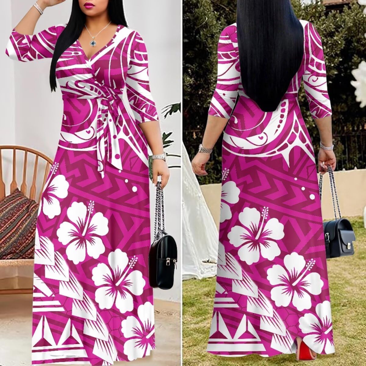 V-Neck Hawaii Dresses for Women Tie Front 3/4 Sleeve Maxi Dresses Plus Size S - 5XL