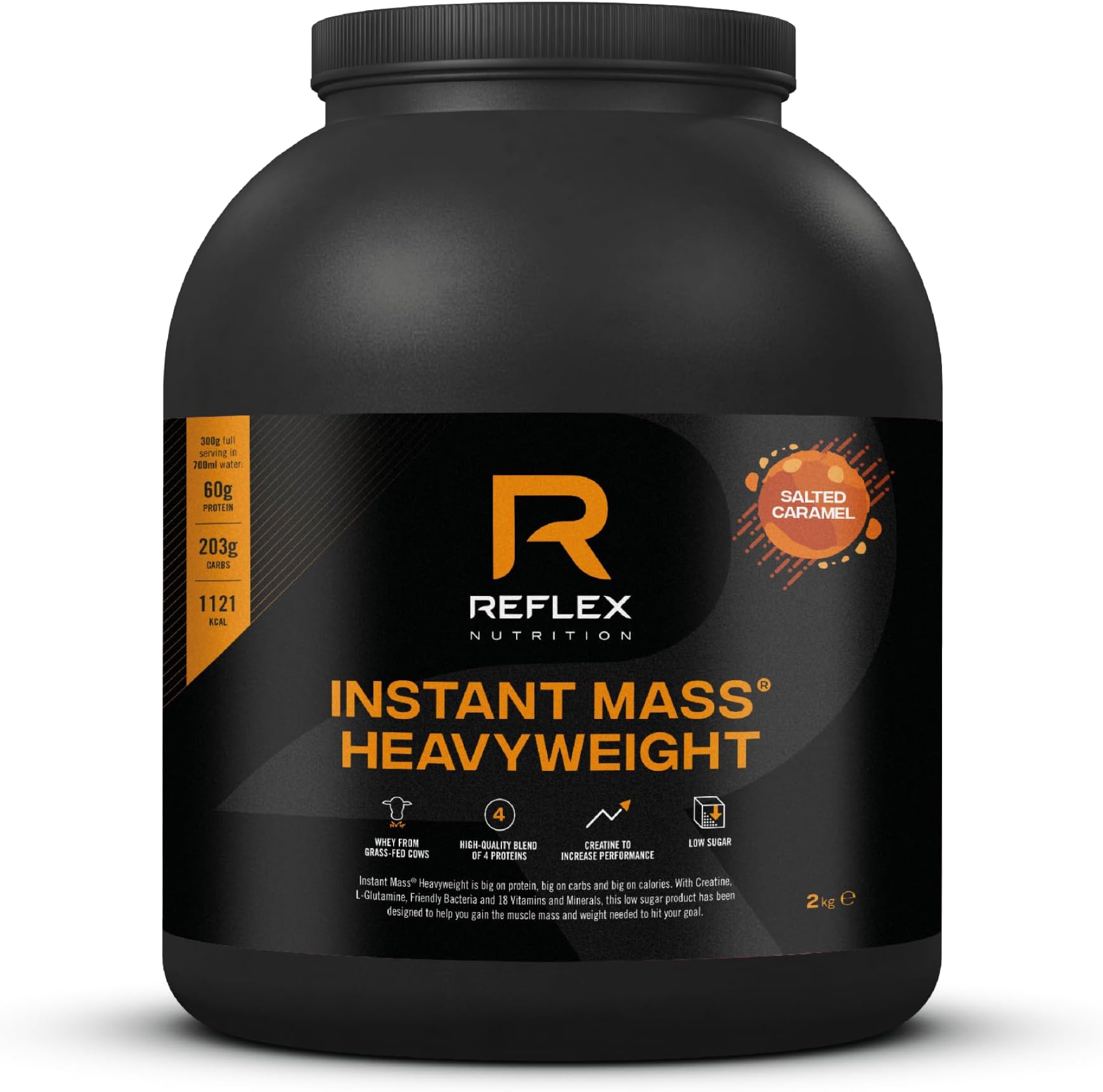– Reflex Nutrition Instant Mass Heavyweight Protein Shake Mix, Mass Gainer, Over 1000 Kcal per Serving, 60 g Protein, Creatine, High Calorie Post Workout or Before Bed, Salted Caramel, 2 kg