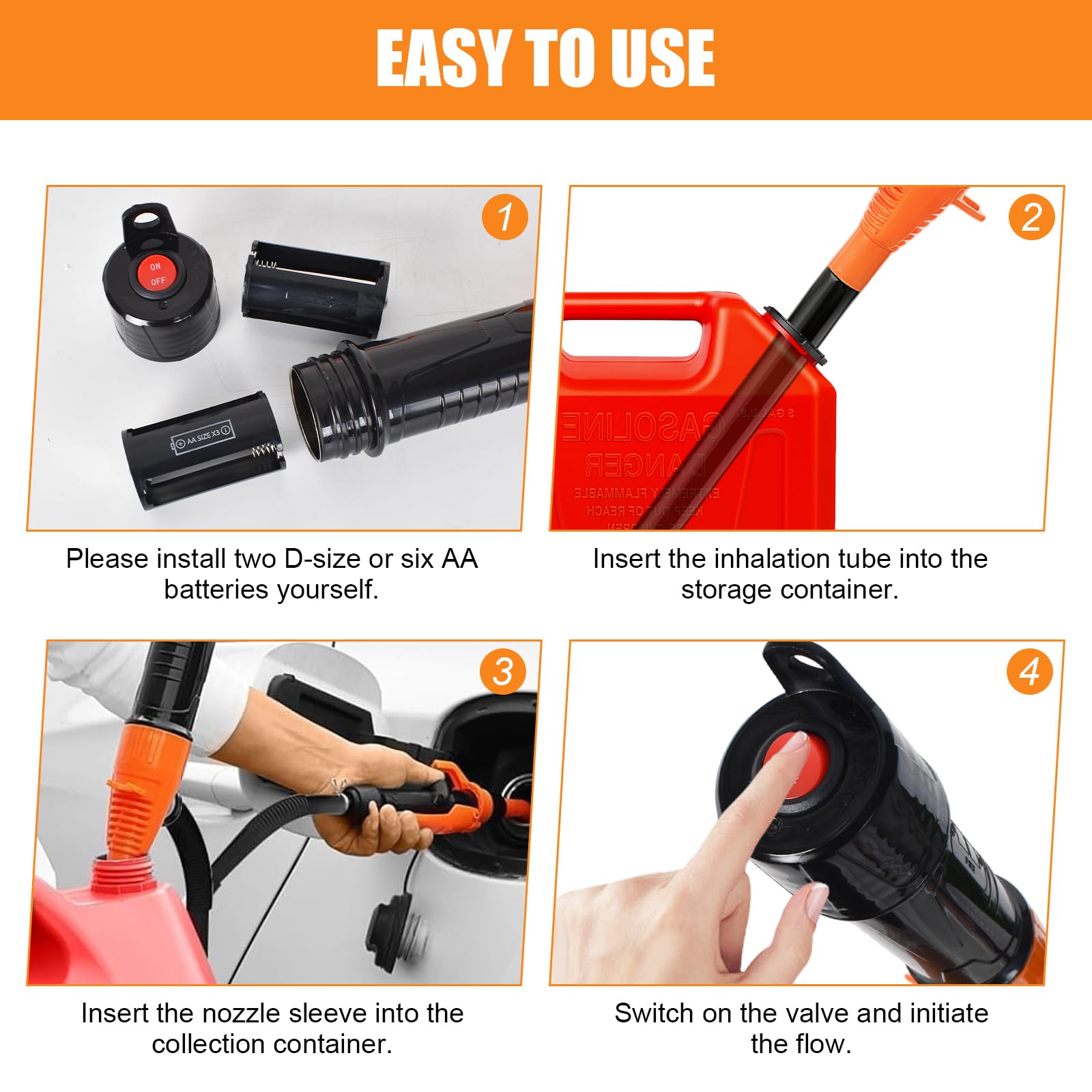 Pompe de Transfert Électrique sur Batterie, Pompe à Carburant, Pomp Siphon Portable pour Liquides, Pompes à Gasoil avec Tuyau, 3,5 GPM pour Essence, Diesel (Orange)