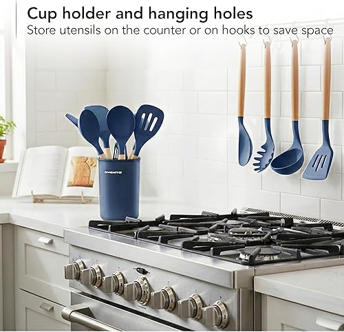 Miniatura 6 de Juego de utensilios de cocina de silicona OVENTE, 17 piezas de herramientas y gadgets de cocina resistentes al calor para utensilios de cocina Azul