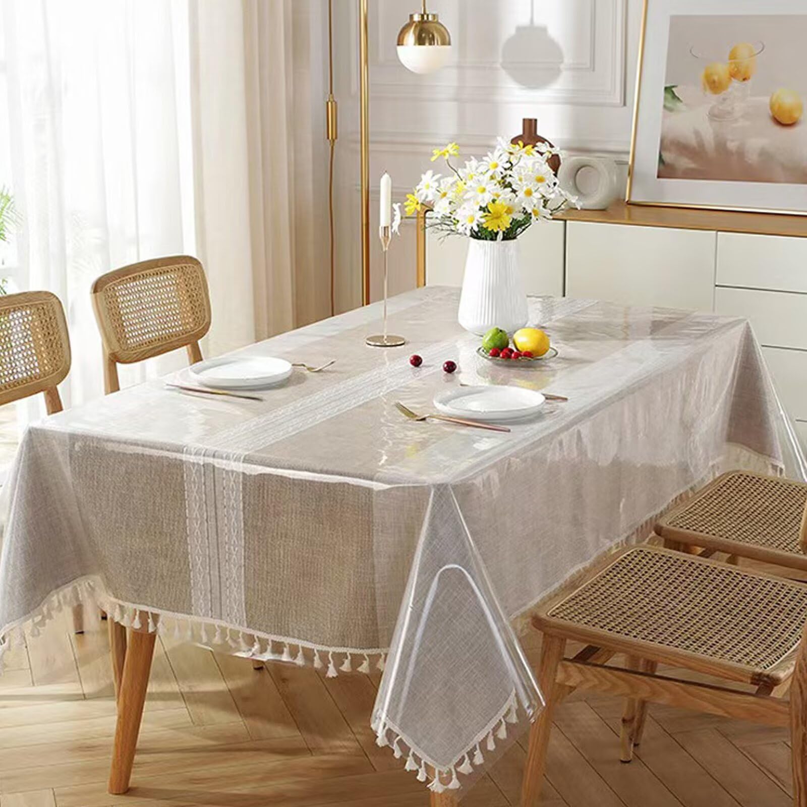 140x220cm Tovaglia Trasparente Plastificata, Tovaglia Antimacchia, Pellicola Trasparente per Tavolo, Tovaglia PVC Lavabile, Proteggi Tavolo Trasparente, Copri Tavolo Cucina