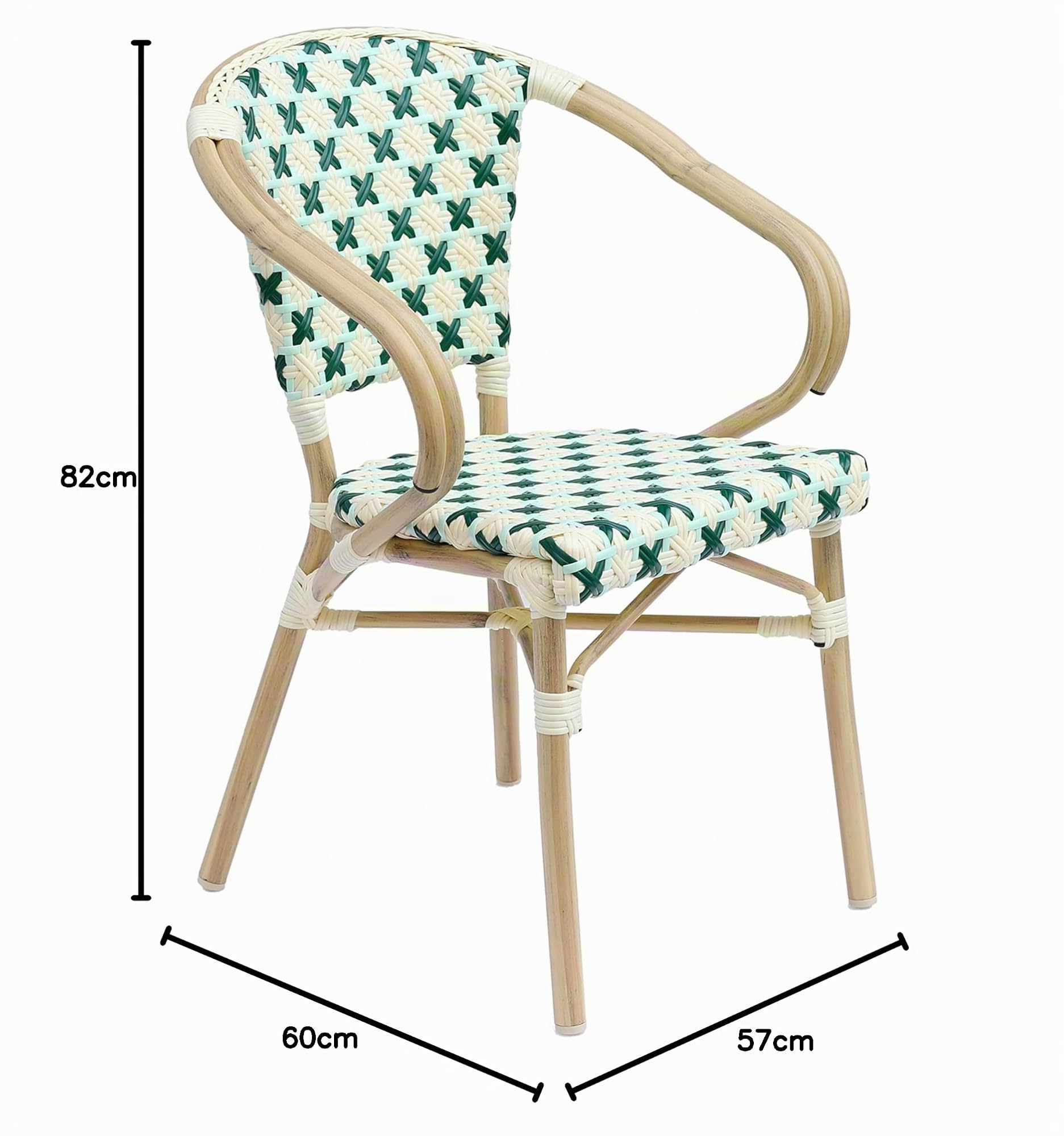 Fauteuil de terrasse bistrot parisien en aluminium et rotin vert foncé