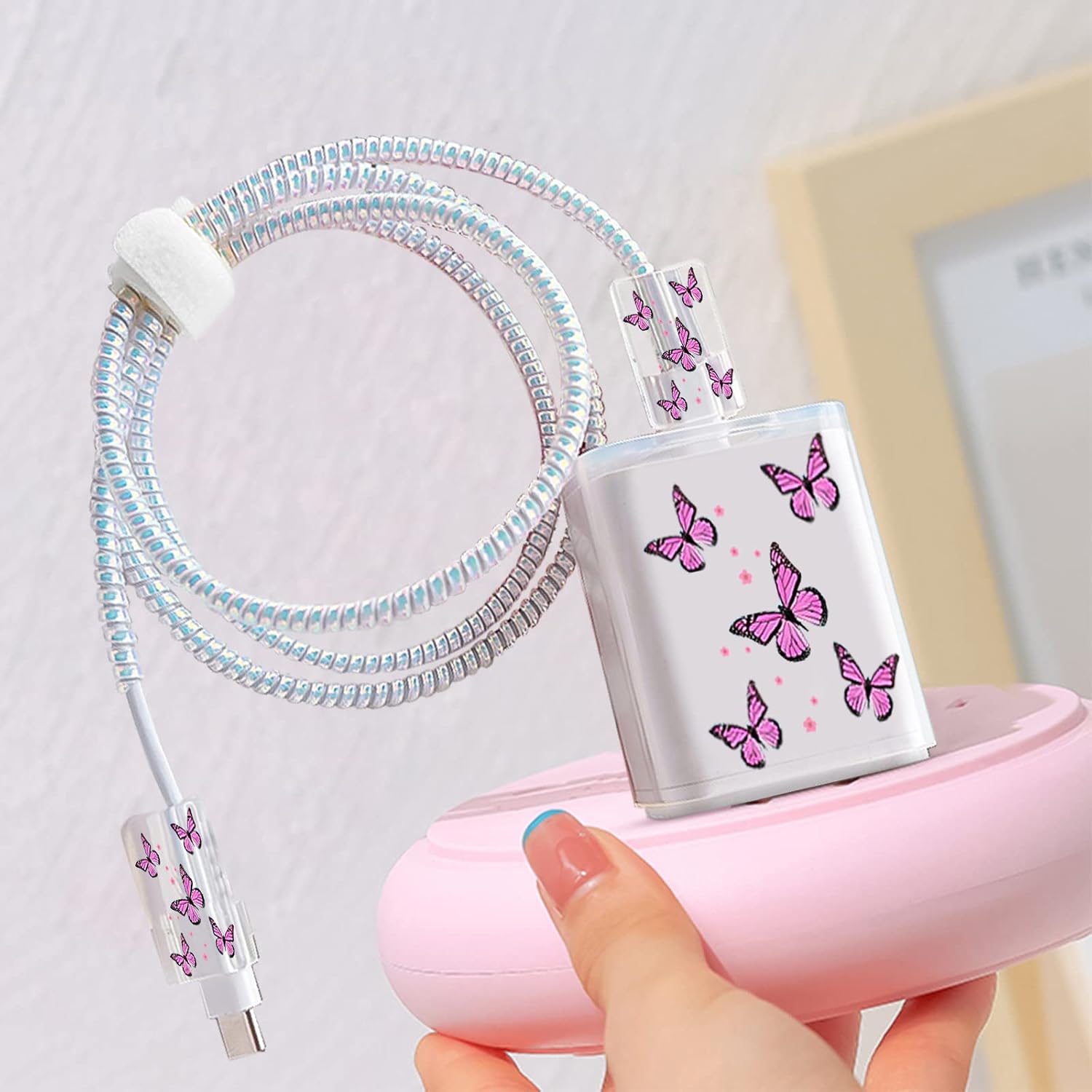 Cute Cable Protector for Apple 18W/20W USB-C Power Adapter Charger, Cute Clear Butterfly Pattern, Silicone Data Lightning Cable USB Wire Saver Charger Protective Case Fit for iPhone Charger
