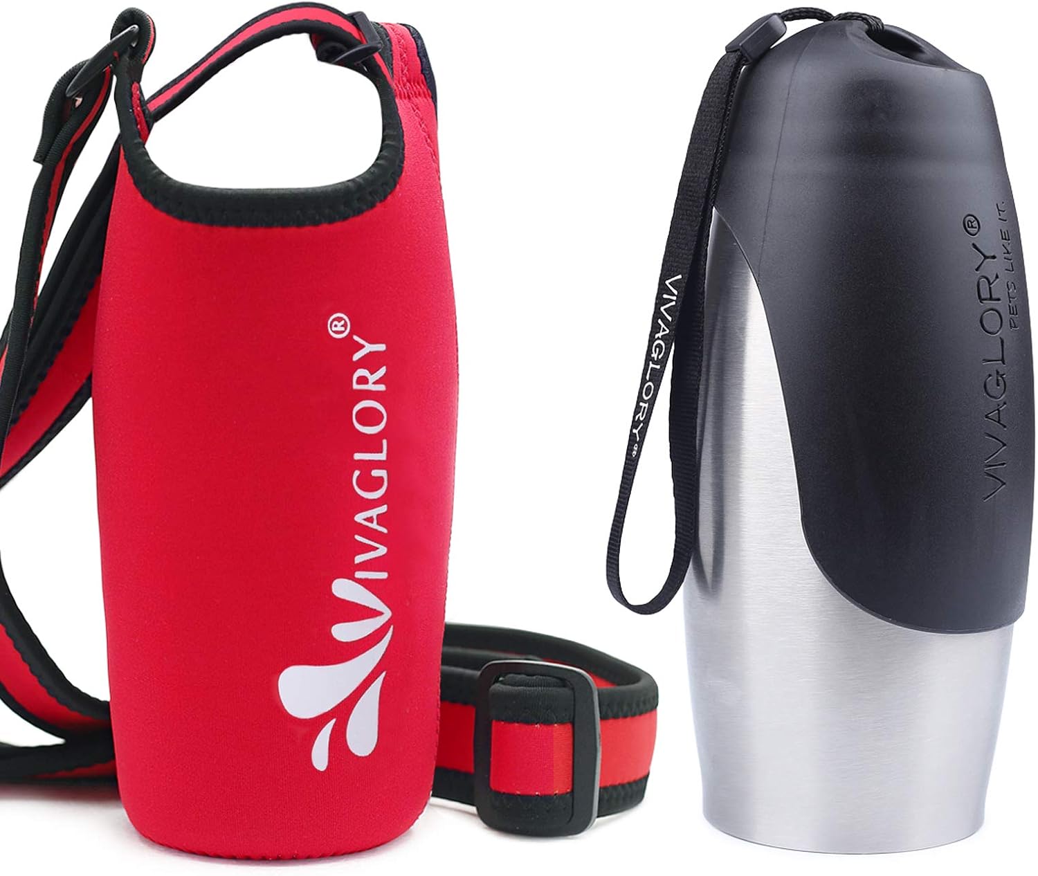 VIVAGLORY 25oz Stainless Steel Water Bottle & Neoprene Bottle Carrier Combo, Dog Drinking Bottles and Water Bottle Holder, Great for Hiking & Traveling with Pets