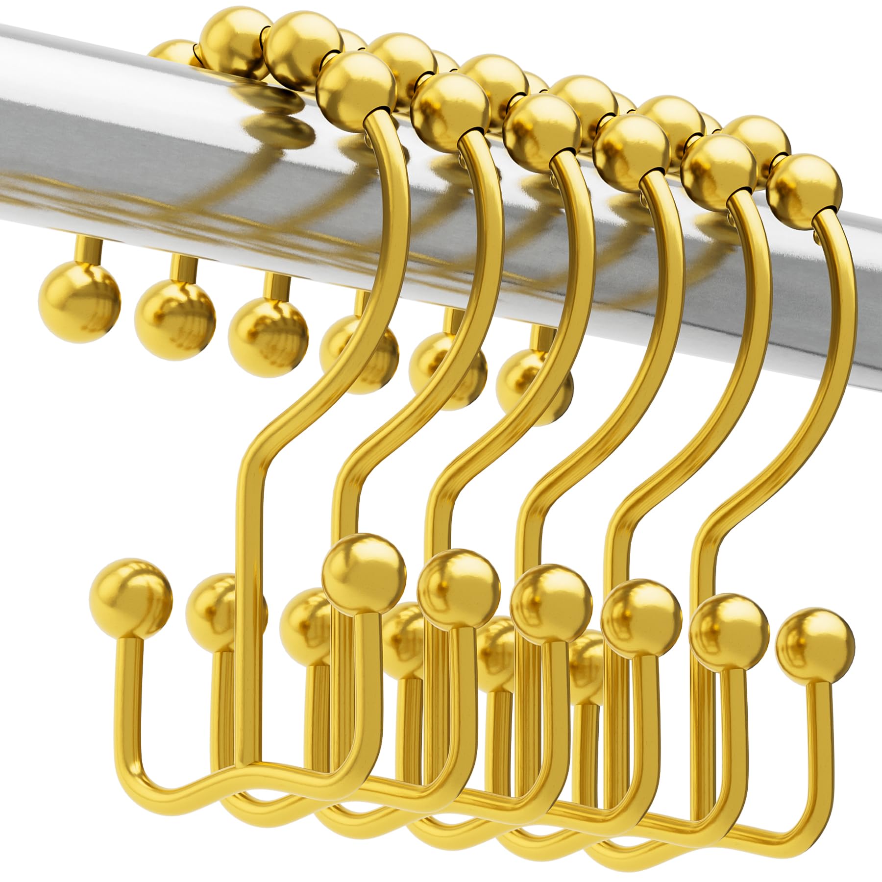 Titanker Shower Curtain Hooks Rings Gold, Metal Double Glide Shower Hooks Rings for Bathroom Shower Rods Curtains, Set of 12 Hooks - Dark Gold
