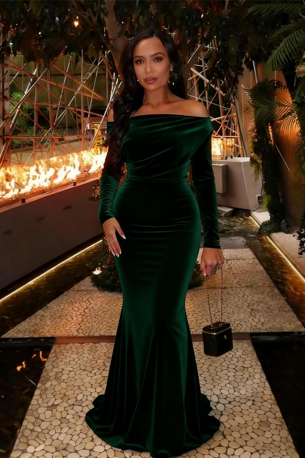 Women's Velvet Maxi Off The Shoulder Formal Evening Dresses Mermaid Long Sleeve Wedding Guest Dress - Image 3