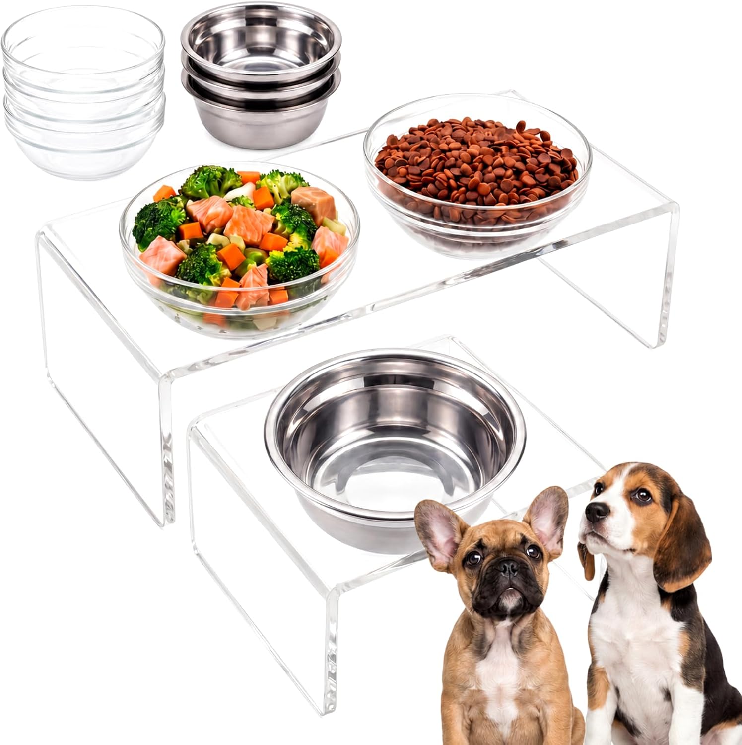 Raised Dog Bowl Stand, 3 Bowl Elevated Dog Feeder for Medium Dogs, Clear Acrylic Modern Feeding Station with 6 Bowls (Glass & Stainless Steel), Non Slip, Supports Better Digestion