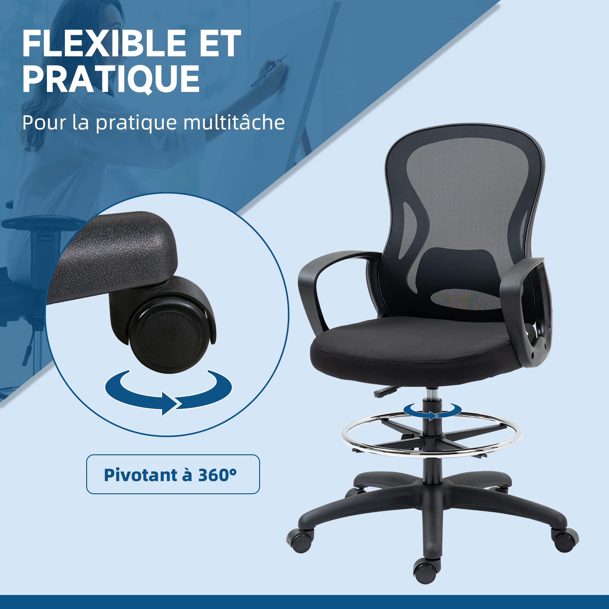 Vinsetto Chaise Bureau Ergonomique Fauteuil de Bureau, Repose-Pieds, Noir