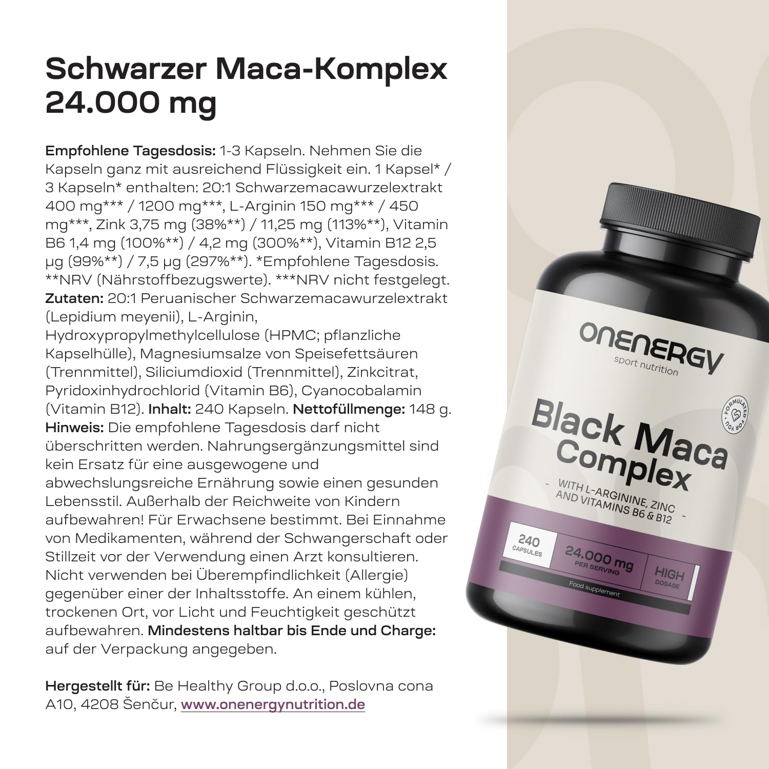 Schwarzes Maca Komplex 24.000 mg – 20:1 Extrakt – 240 Kapseln – Mit L-Arginin, Zink, Vitamin B6 und B12 – XXL Vorrat – Für Männer und Frauen