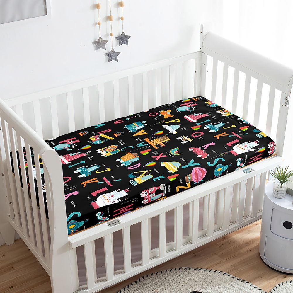 Odot Cot Bed Sheets, Cartoon Car Print Bedside Cribs Fitted Sheets, Baby Bed Sheets Microfiber Cot Bed Mattress Protector, Bassinet Sheets, Easy Care Soft and Dureable (80x160 cm,Letter)