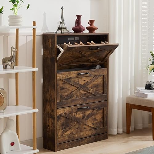 HOPUBUY Shoe Cabinet for Entryway, Narrow Shoe Storage Cabinet, Hidden Rattan Shoe Cabinet Wood 3 Tier Slim Shoe Rack for Home and Apartment, Rustic Brown