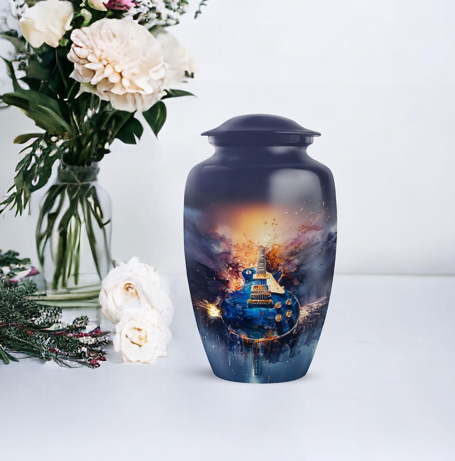 Guitar Cremation Urn for Human Ashes, Decorative Musical Memorial Urns for Adults Men & Women, Dark Blue, 10 Inch