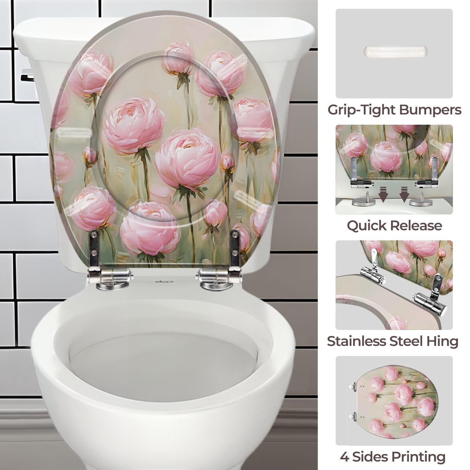 Runder WC-Sitz aus Kunstharz mit rosa Pfingstrosenmuster für das Badezimmer