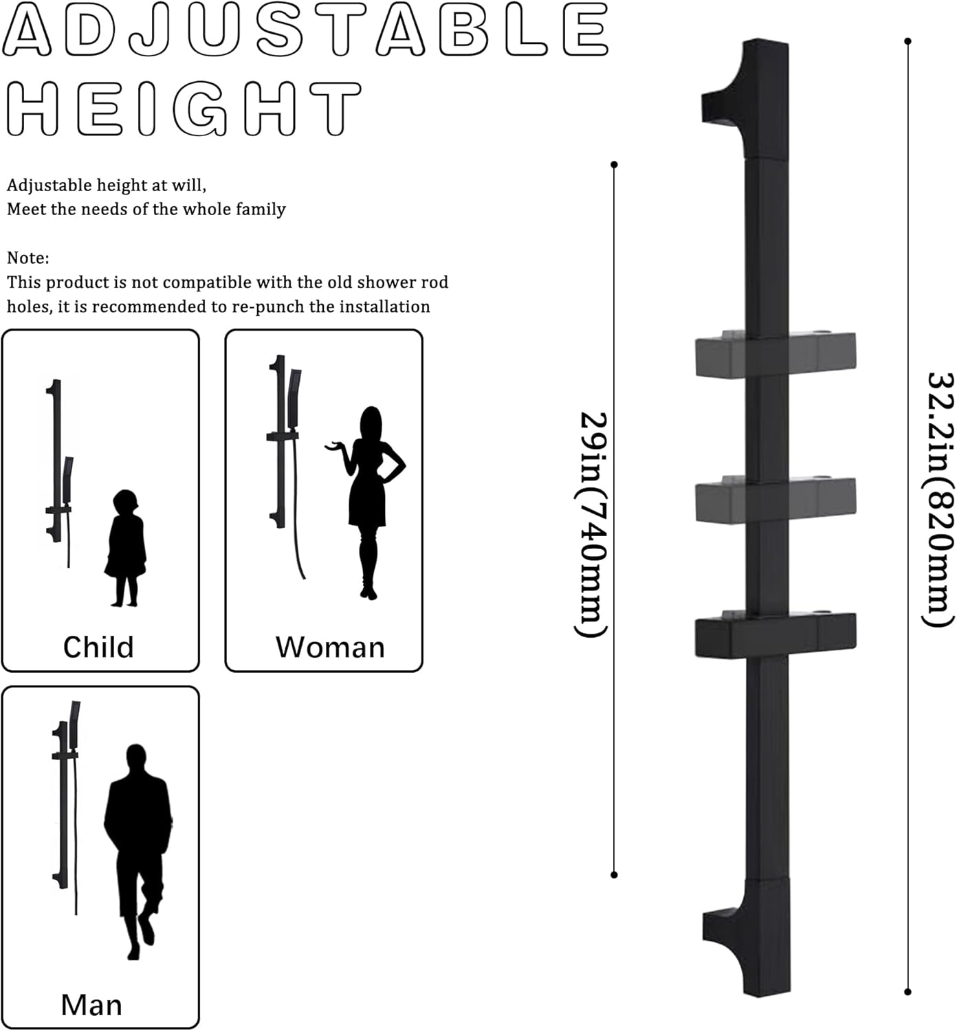 Matte Black Handheld Shower with Slide Bar Square Handheld Shower Head with Hose High-Pressure Shower Head with 29" Long Slide Bar Combo Adjustable Height - Image 4