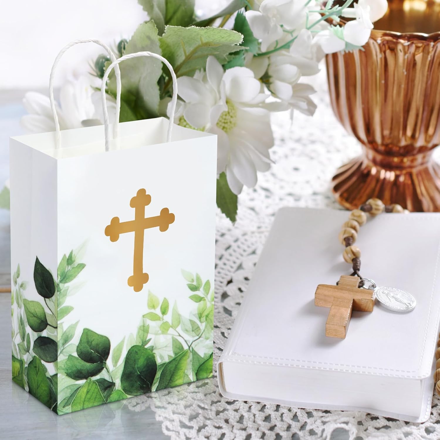 Dinifee 50 Pcs Baptism Gift Bag Christening Religious Party Bags Bulk First Communion Gifts for Boys Girls Christening Baby Shower