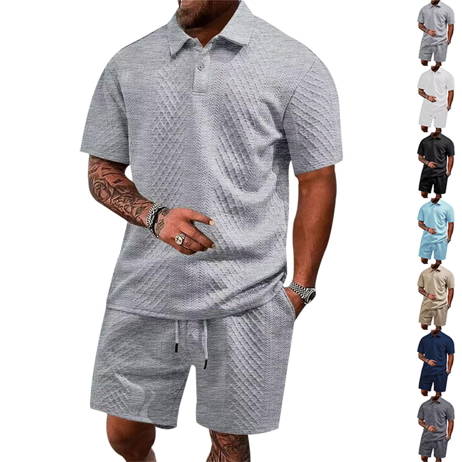 Męska solidna koszulka polo i szorty ze sznurkiem w talii zestaw teksturowanych żakardowych koszulek polo, sportowy dres do joggingu, letni dres