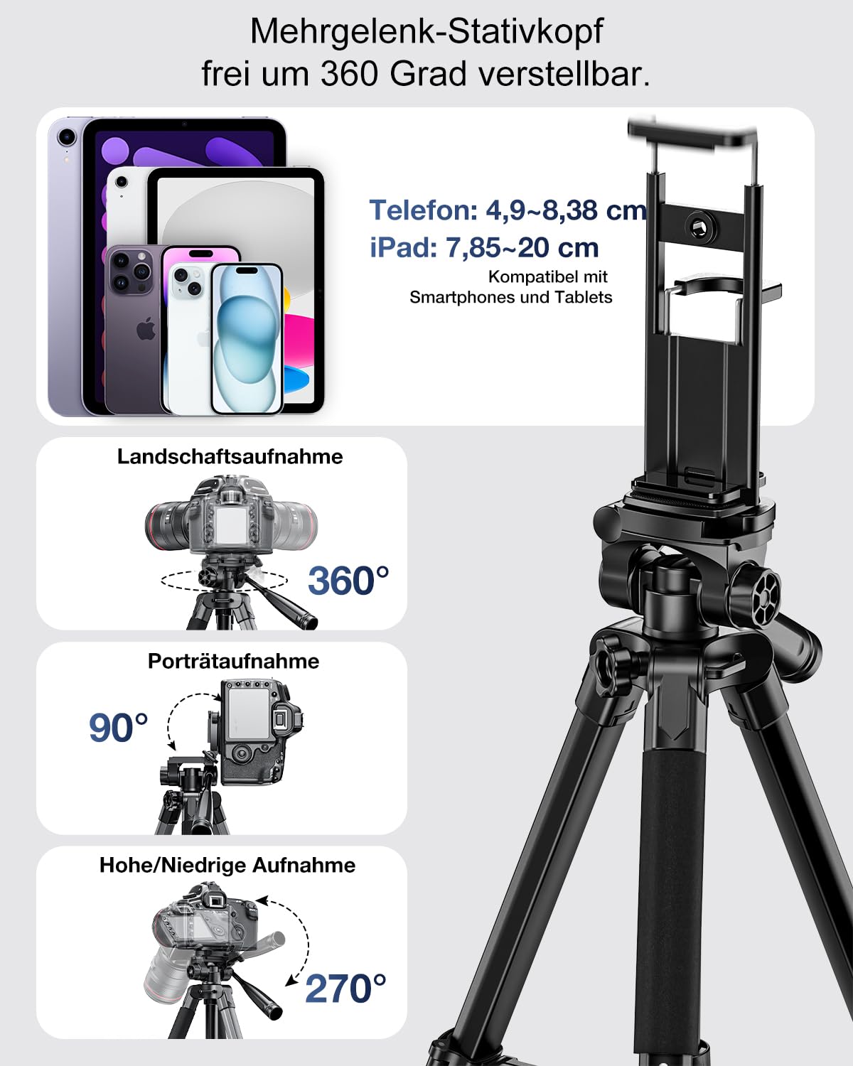 CAMBOFOTO 186cm Aluminium Stativ für DSLR, Spiegellose Kameras, Handys, Camcorder, mit Handyhalterung & Reisetasche (Schwarz)