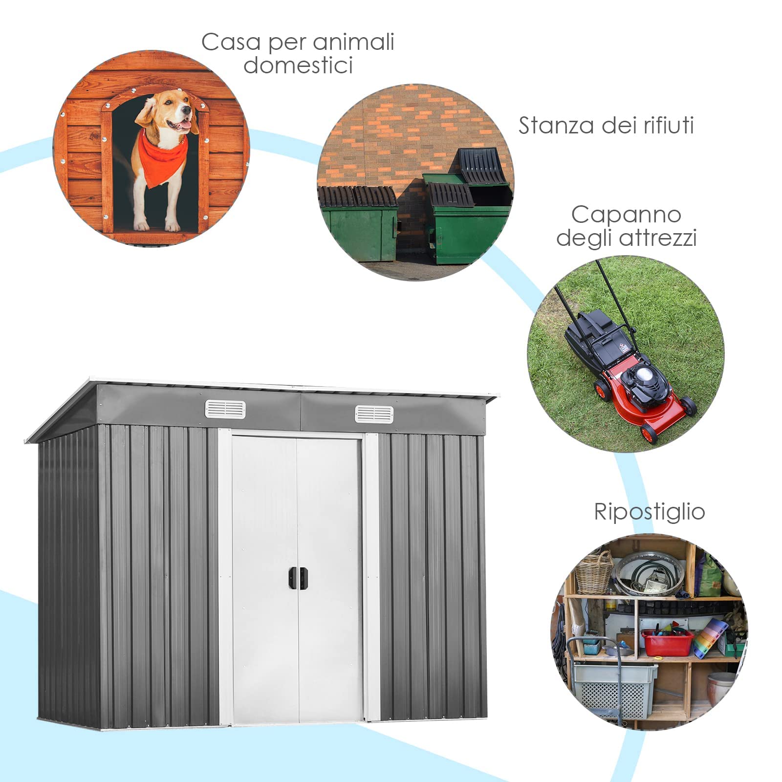 RELAX4LIFE Casetta da Giardino 3,12 m² 5 m³, in Lamiera d'Acciaio e e Lamiera Zincata con2 Porte Scorrevoli, Tetto Inclinato, per Porta Attrezzi, Tosaerba 238×131×160cm