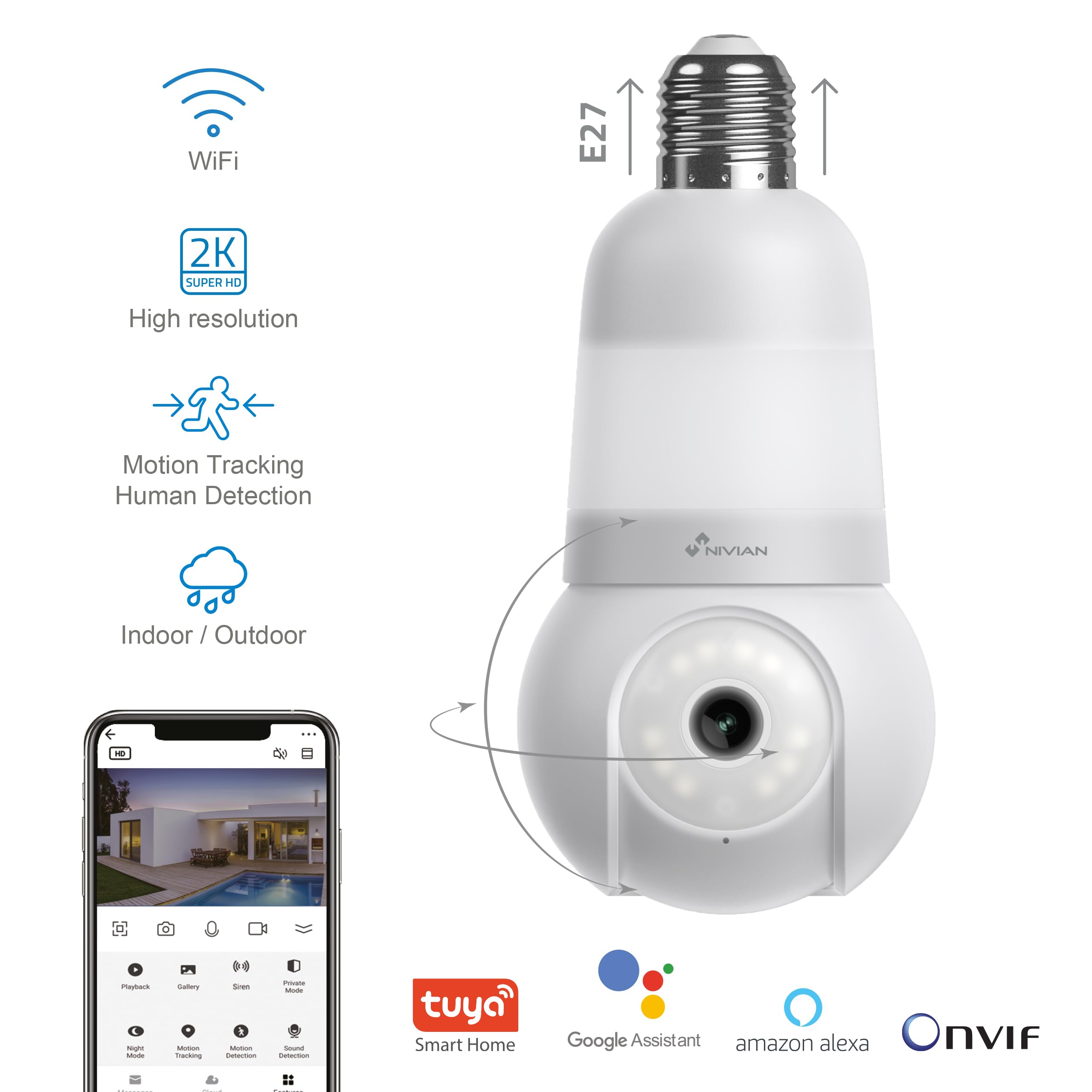 NIVIAN Cámara de vigilancia WiFi Tipo Bombilla E27 2K- Movimiento 360º con Audio, luz, Reconocimiento y Seguimiento de Humanos-Visión Nocturna, Compatible con Alexa, Google Home, Tuya App