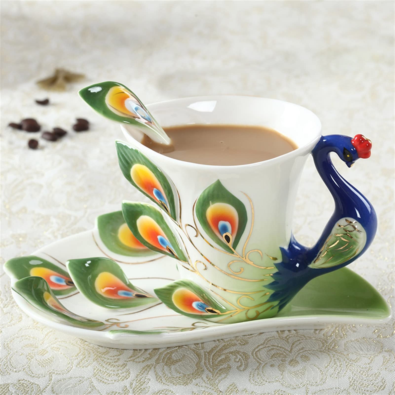 Persönliche Kaffeebecher, 1 Stück Pfauen-Kaffeetasse, Keramik, kreative Tassen, Bone China, 3D-Farbe, Emaille-Porzellan, Tasse, Tasse und Untertasse, Set (Kapazität: 180 ml, Farbe: A) ( Color : E )