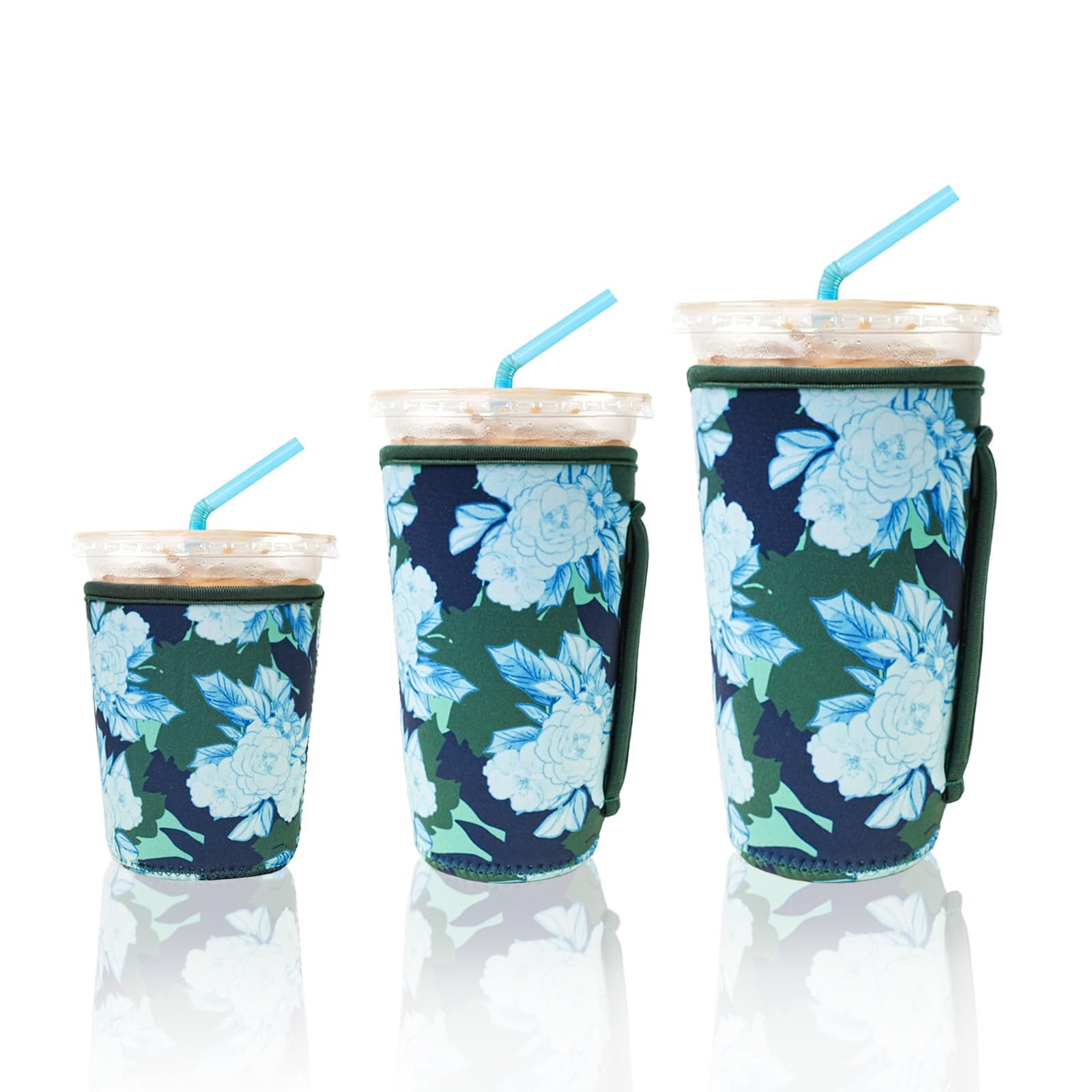 KJQJLY 3 Reusable Iced Coffee Sleeves for Iced Coffee Cups or Drinks Reusable Neoprene Insulated Sleeves for Hot and Cold Drinks from Starbucks, Dunkin, And More (Moonflower)