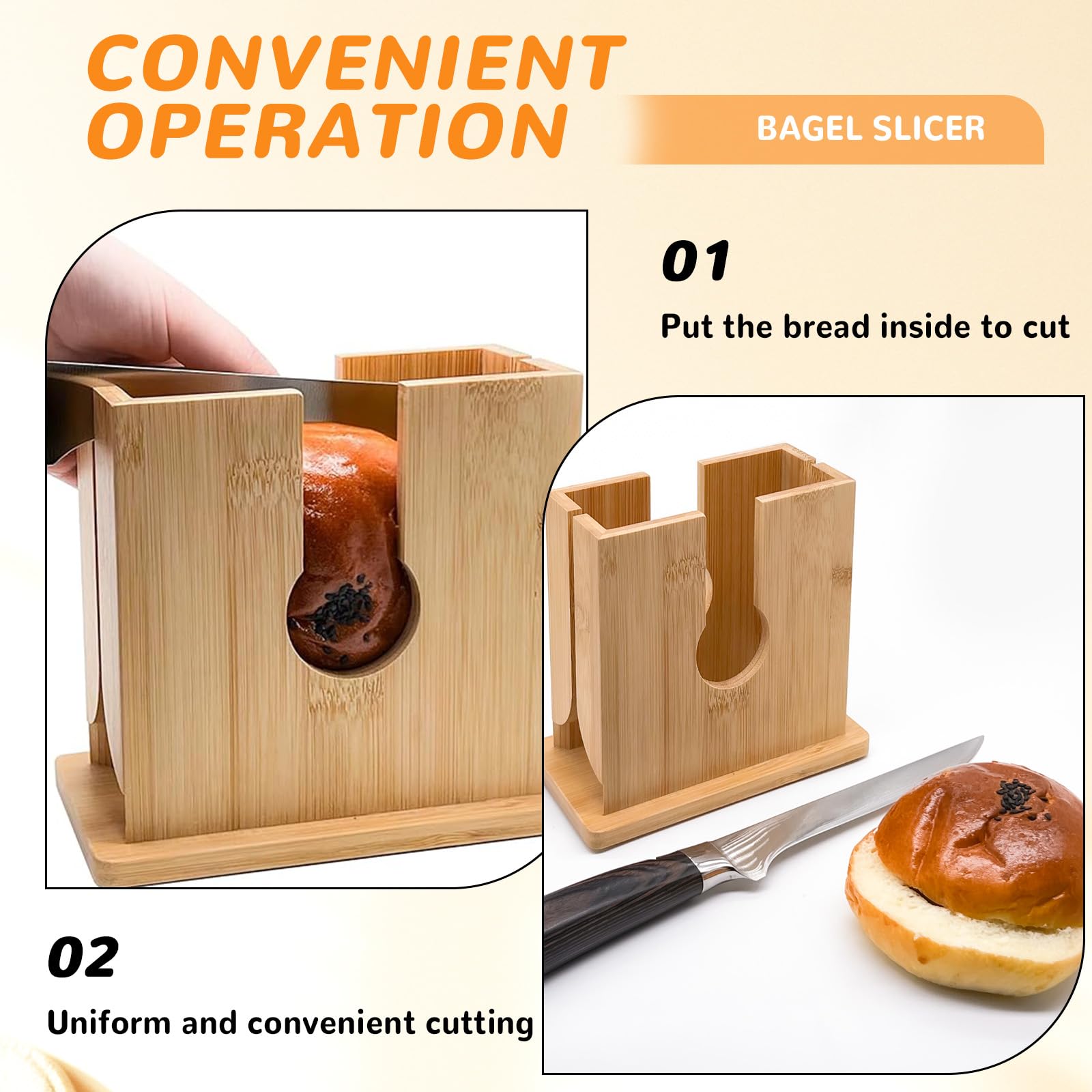 Bagel Slicer - Bamboo Bagel Cutter with Non-Slip Base -3