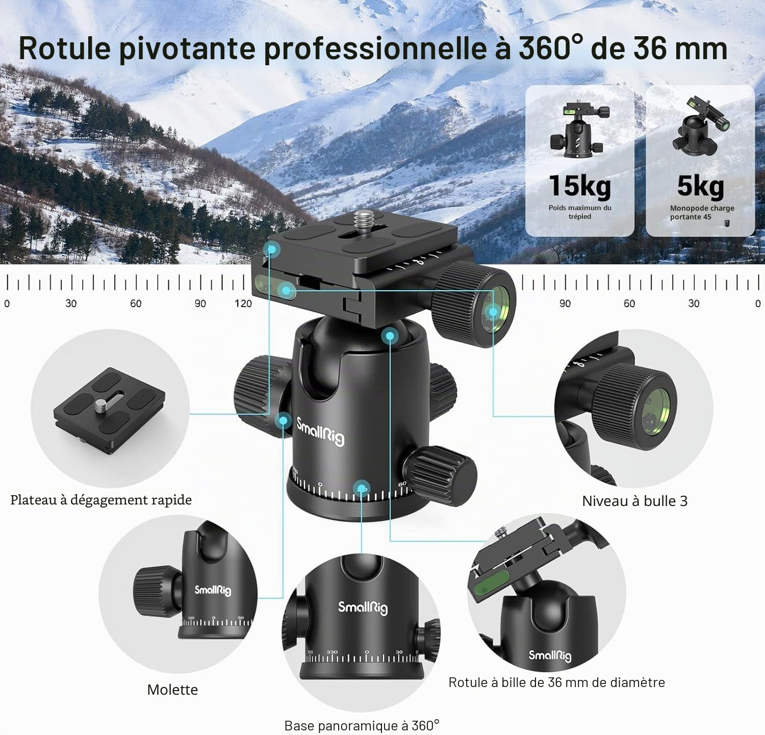 SMALLRIG Trépied CT-20 pour Appareil Photo, trépied et Monopode Pliable en Aluminium de 200 cm (78,7 Pouces), rotule détachable à 360°, Charge utile de 15 kg (33 LB)