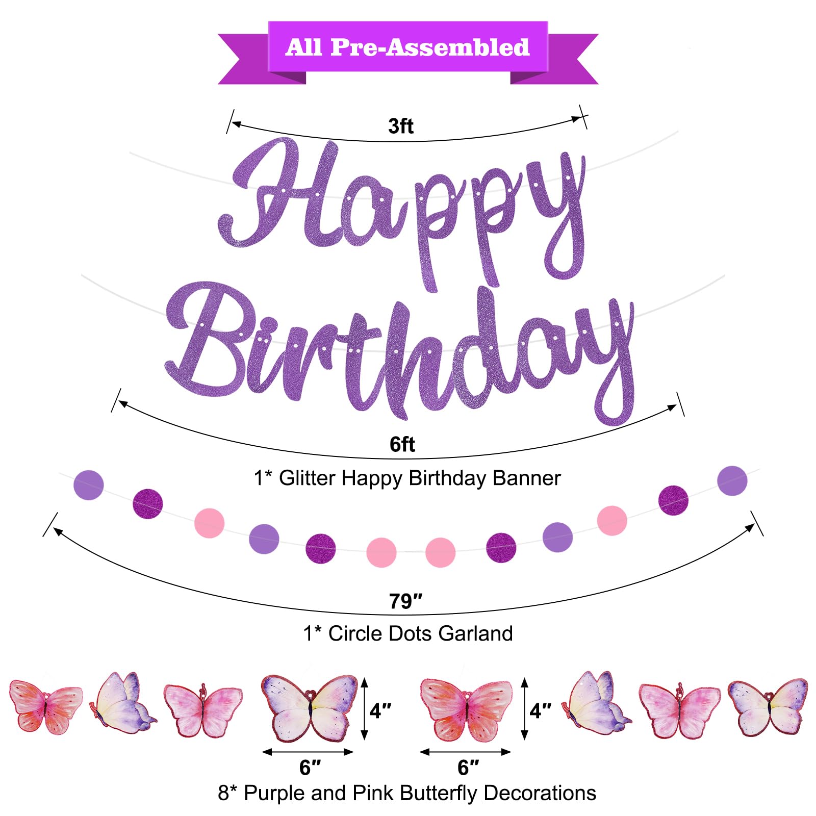 Danadia Purple Birthday Decorations, Pre-Strung Happy Birthday Banner with Butterflies and Circle Dot Garland, NO DIY Butterfly Party Decorations for Women Girls Men Boys