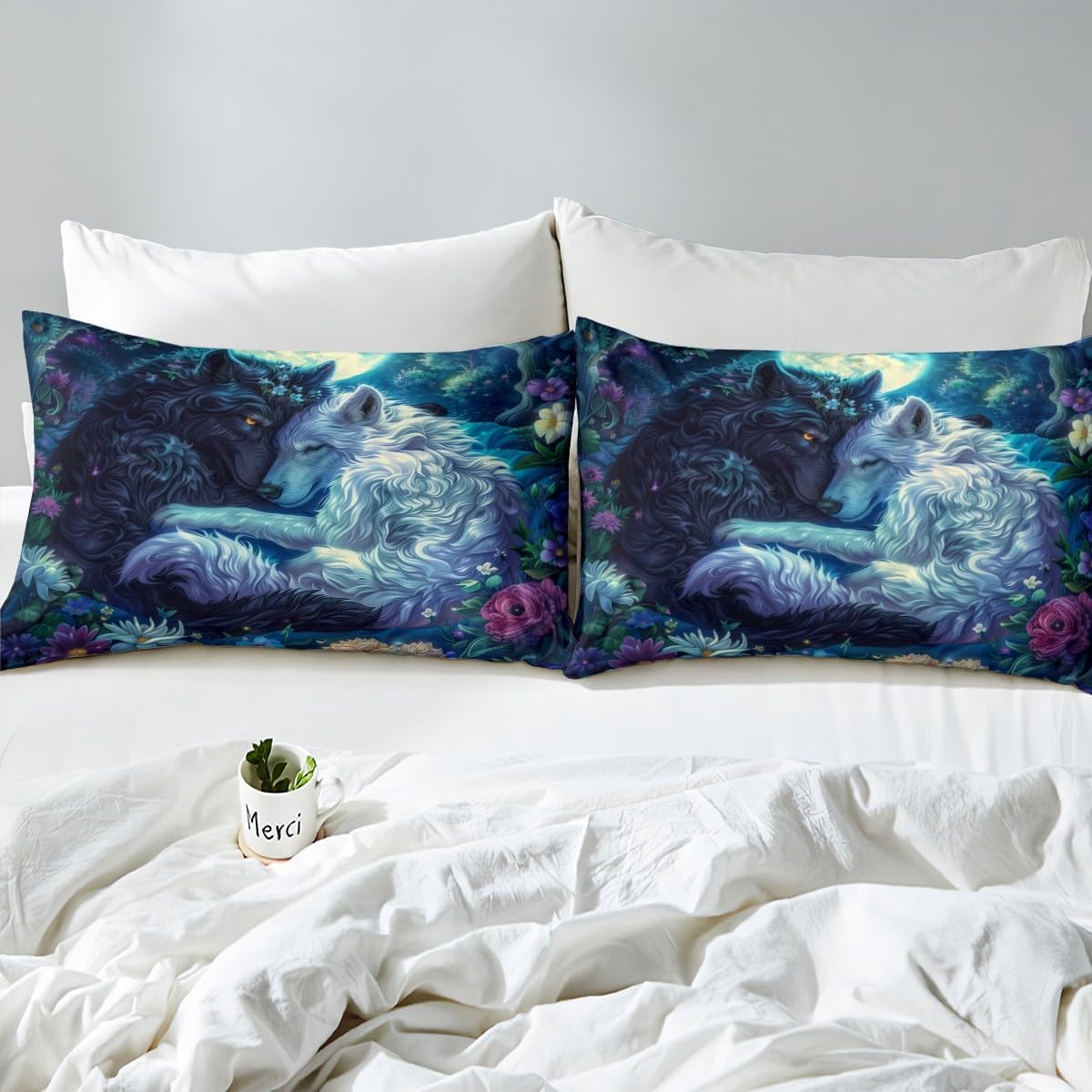 Wolf Couple Duvet Cover Twin Size,Moon Night Starry Sky Bedding Set,Kids Girls Teens Boys Room Decor,Watercolor Flower Plants Comforter Cover Nature Wild Animal Quilt Cover,1 Pillowcase(No Comforter)