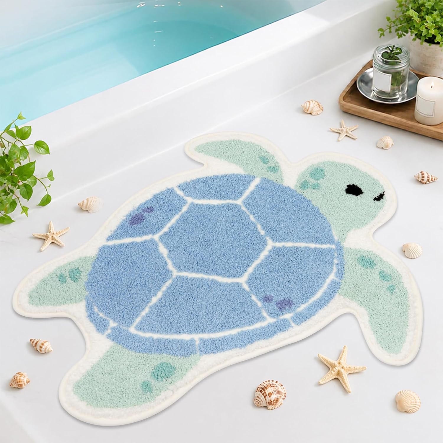 Sea Turtle Bath Rugs for Bathroom,Cute Bath Rug Cartoon Turtle Swimming with Outstretched Legs,Non-Slip Blue Mat,Tufted Absorbent Bath Rug for Bathroom Shower Bedroom,31"x24"