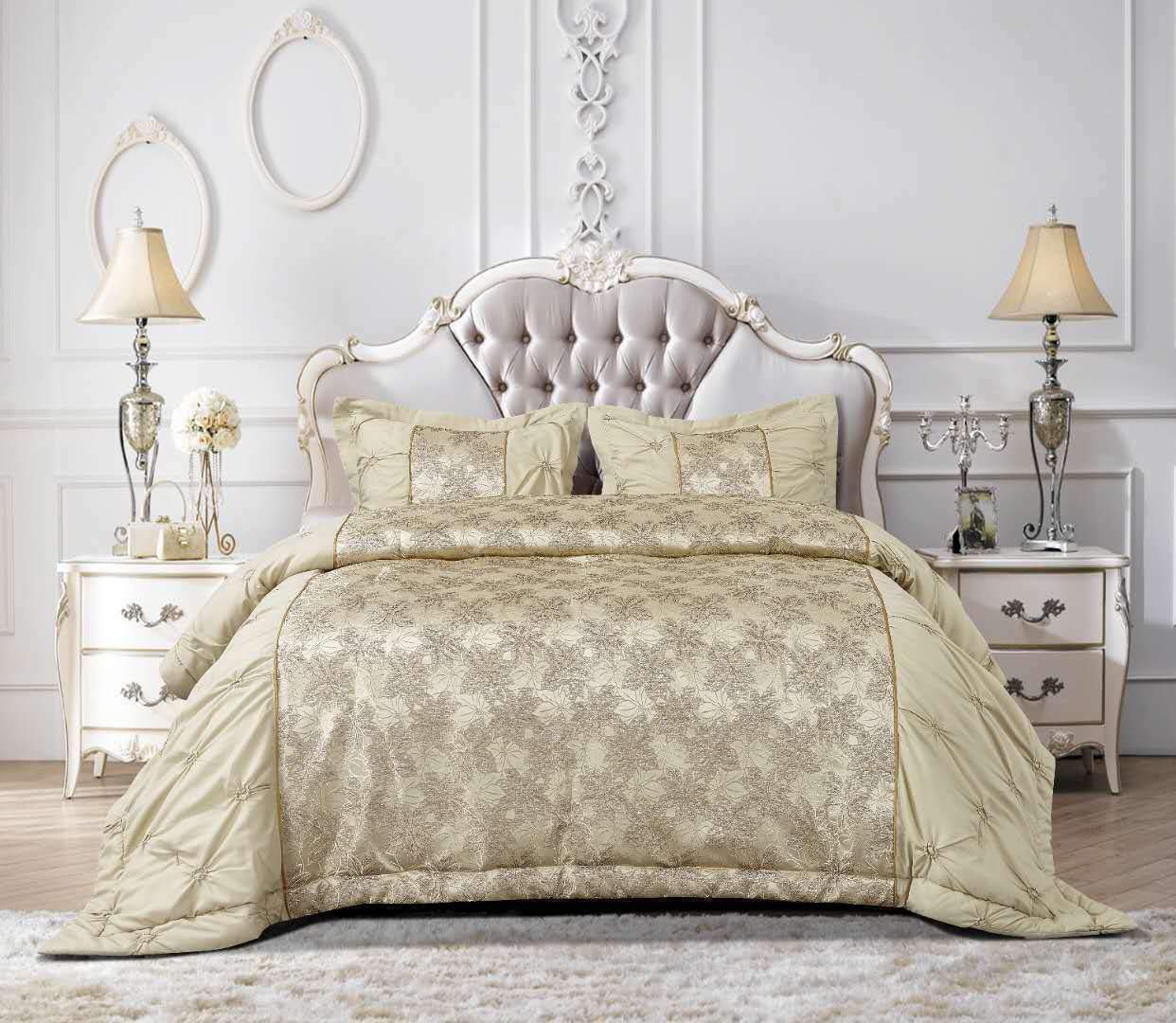 New Luxury Jacquard shimmer Glitter Quilted Bedspread Comforter Throw Bedding with Matching Pillow Shams (Gold MAYA, King)