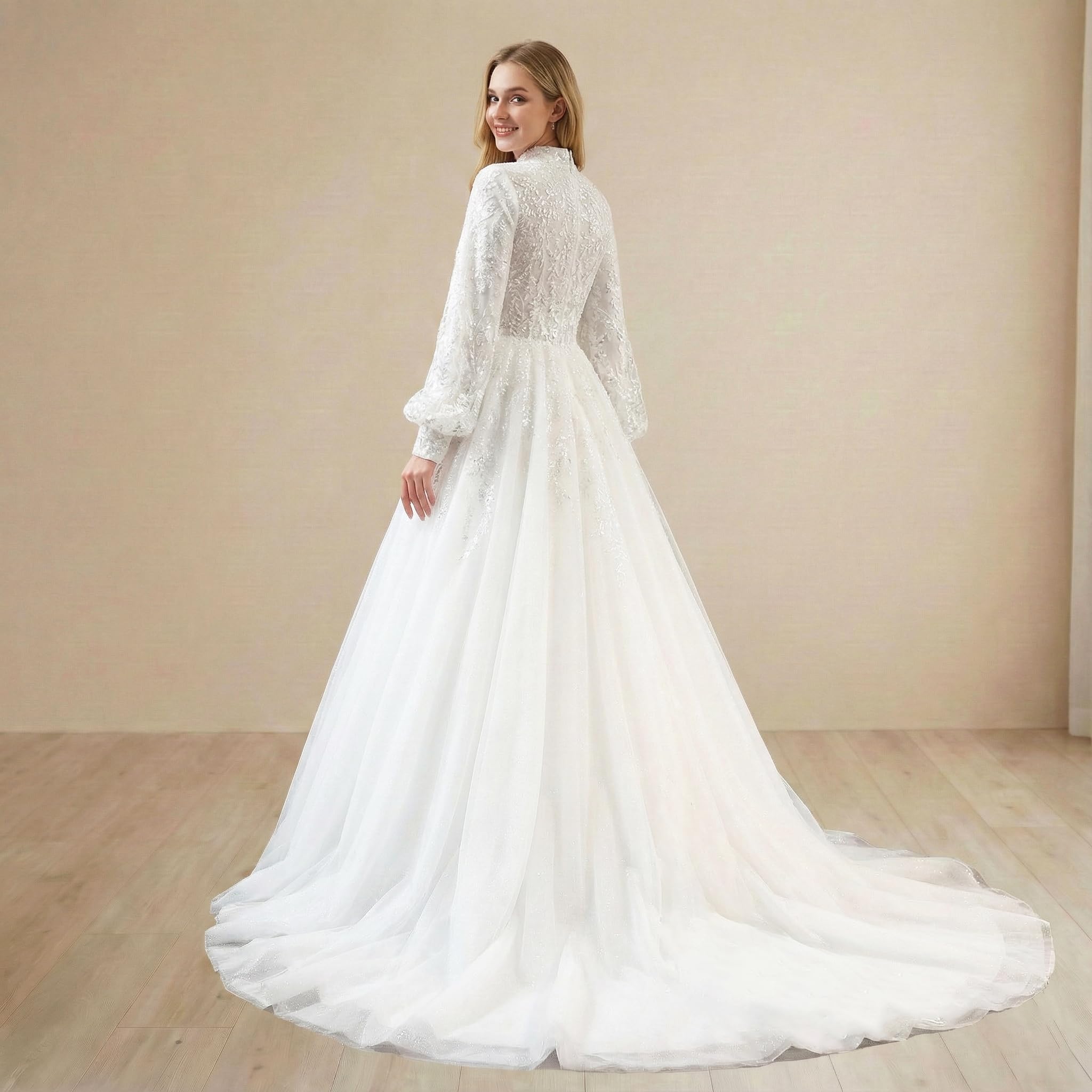 Robe de mariée Musulmane à Manches Longues Robe de Mariage Modeste à Perles pour la mariée Musulmane BA-MU1246