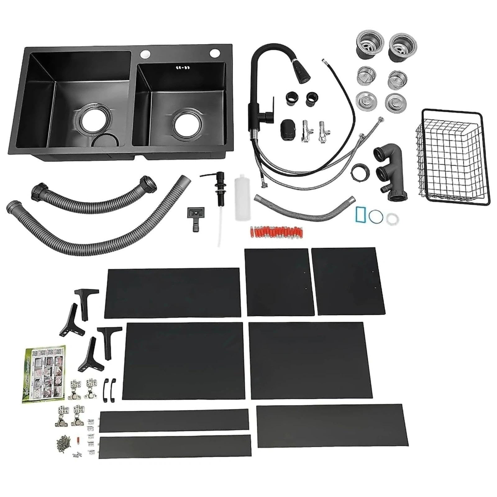 Freistehende Edelstahl KüChenspüLe mit Unterschrank Ausziehbarem Wasserhahn Gewerbliche Doppelbecken SpüLenschrank für KüChe WäSche Badezimmer Komplettes Set(black,75x41x85cm)