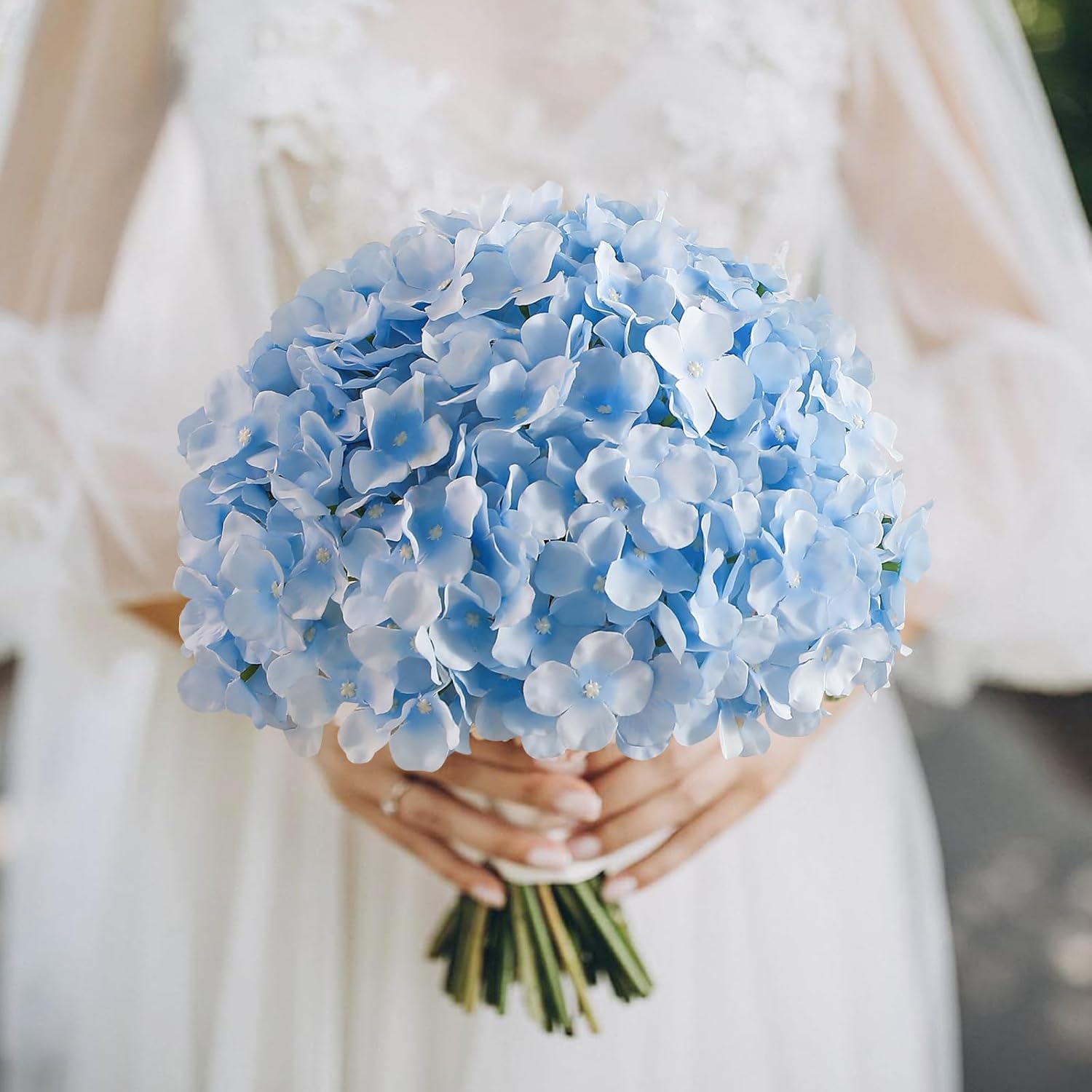 Tifuly 24 Pcs Blue Hydrangea Artificial Flowers Bulk, Faux Hydrangea Full Flowers Heads with Stems, Fake Silk Flowers for Wedding, Garden, Home, Party Decoration