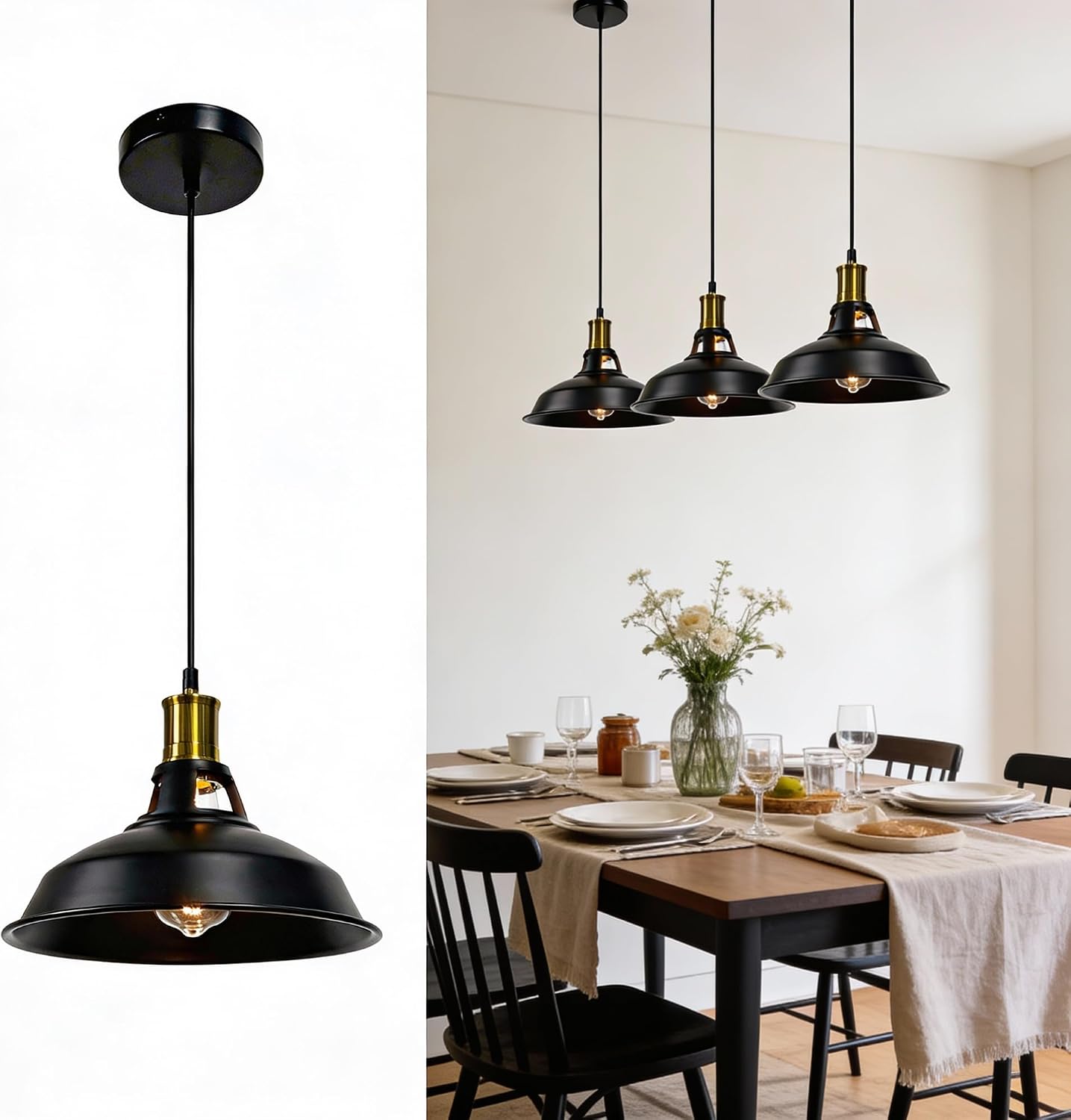 1Pack Pendant Light Fixtures, Industrial Hanging Pendant Light with Metal Shade, Farmhouse Lighting for Kitchen Island, Hallway & Dining Room, Black & Gold
