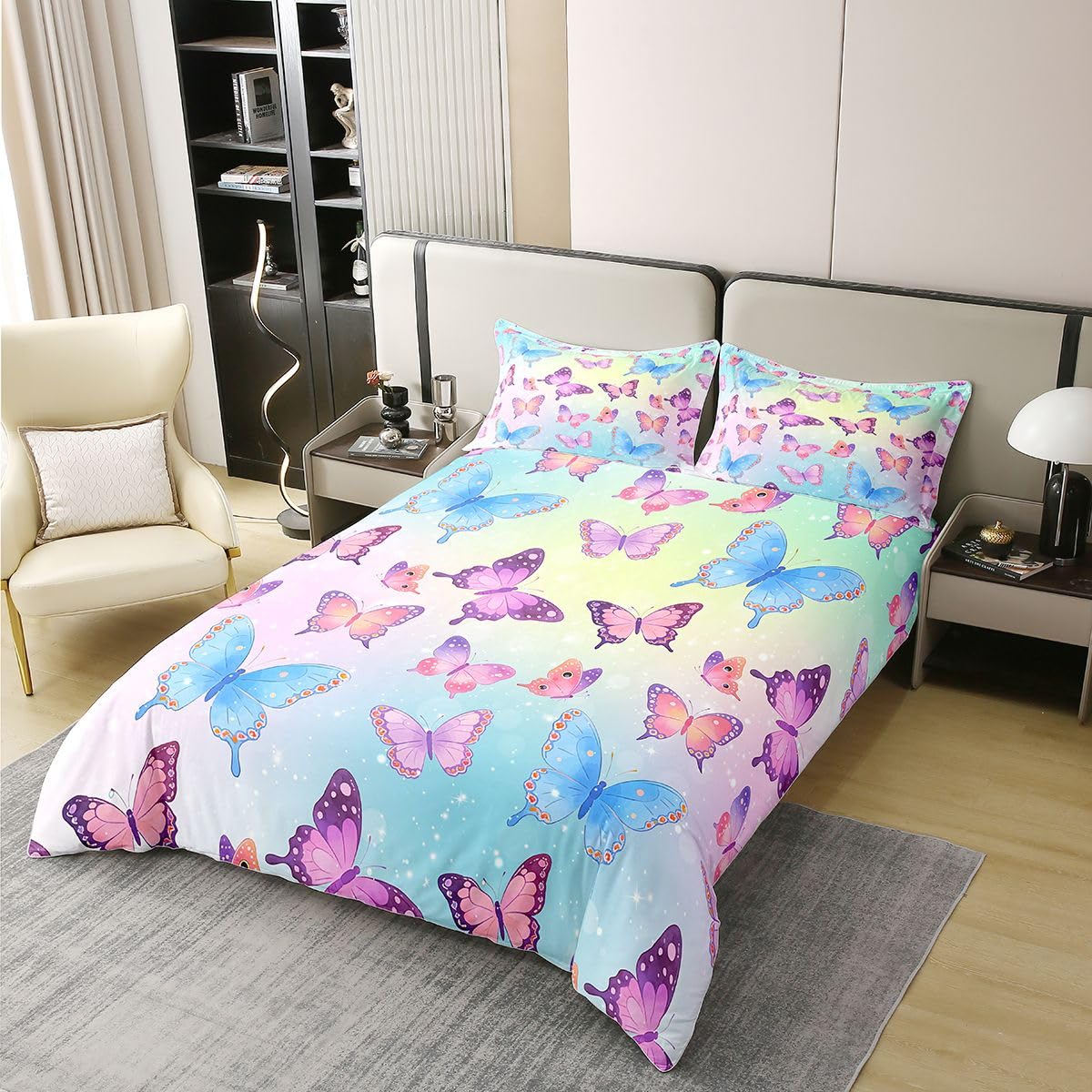 Homewish Król motyli zestawy poszewek na kołdrę dla dzieci nastolatków dorosłych, niebieski fioletowy motyl bawełna pościel elegancka poszewka na kołdrę z motywem dzikiej przyrody gradientowy