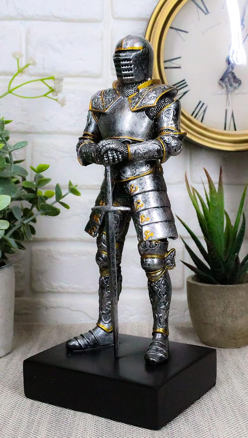Ebros Italian Medieval Knight Champion Standing Ground Statue On Black Pedestal Base 9" Tall Suit of Armor Long Swordsman Figurine