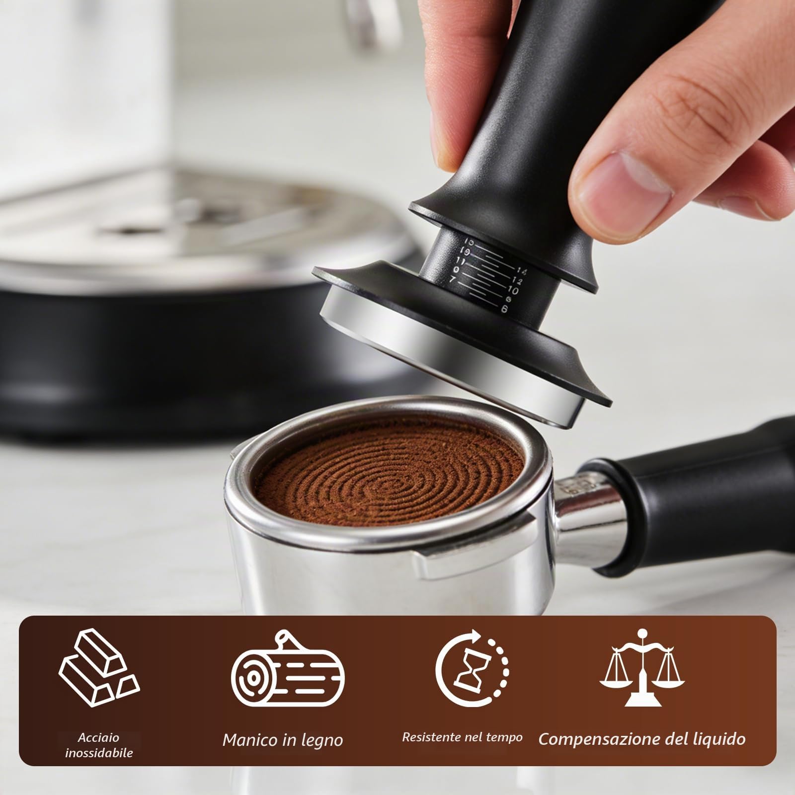 Set Pressino per caffè 51mm | con WDT Tool e Tappetino, Base in Acciaio Inox, Manico Noce, Pressino Ripple per Estrazione Uniforme