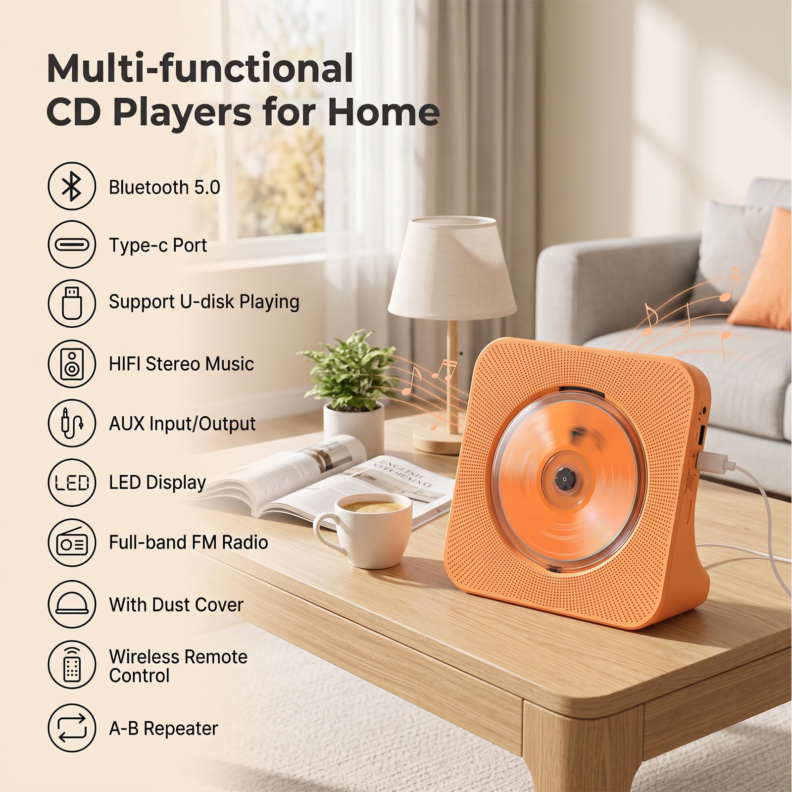 Lecteur CD Bluetooth 5.0 avec Haut-parleurs, Radio Orange