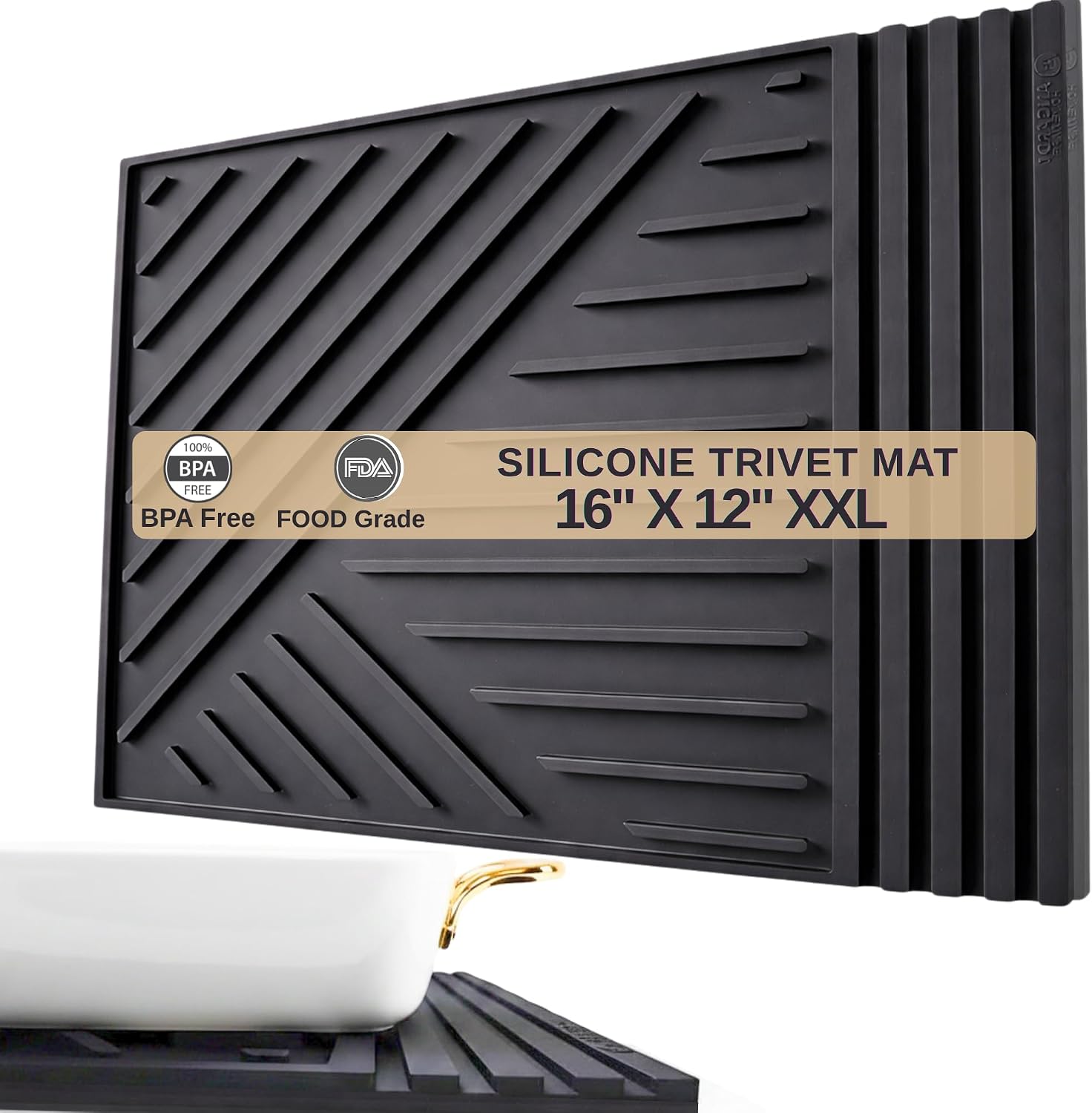 Large Silicone Trivet 16in x 12in hot Pads for Kitchen countertops mat with Modern Design, Heat Resistant for Hot Dishes, Dish Drying, bar mat- Black