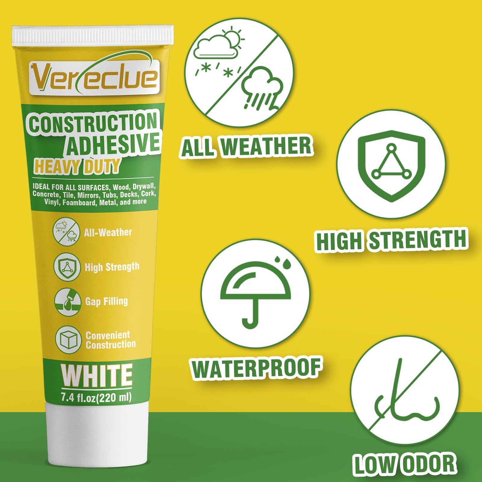 Construction Adhesive Heavy Duty, Versatile Cement Concrete Glue for Tile, Stone, Floor, Wall and More, 7.4 Ounce, White