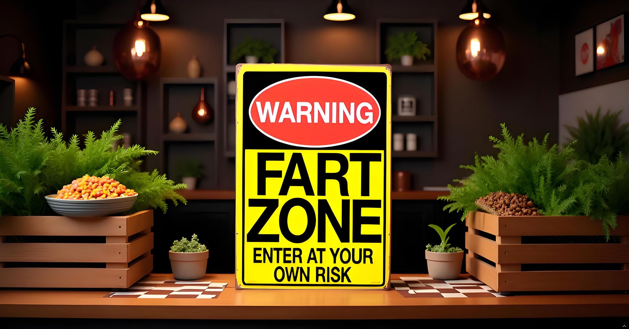 AMERICAN WIT Targa Metallica Divertente 20x30 Cm - 'WARNING FART ZONE Enter At Your Own Risk' - Sfondo Giallo Per Garage, Ufficio, Cameretta