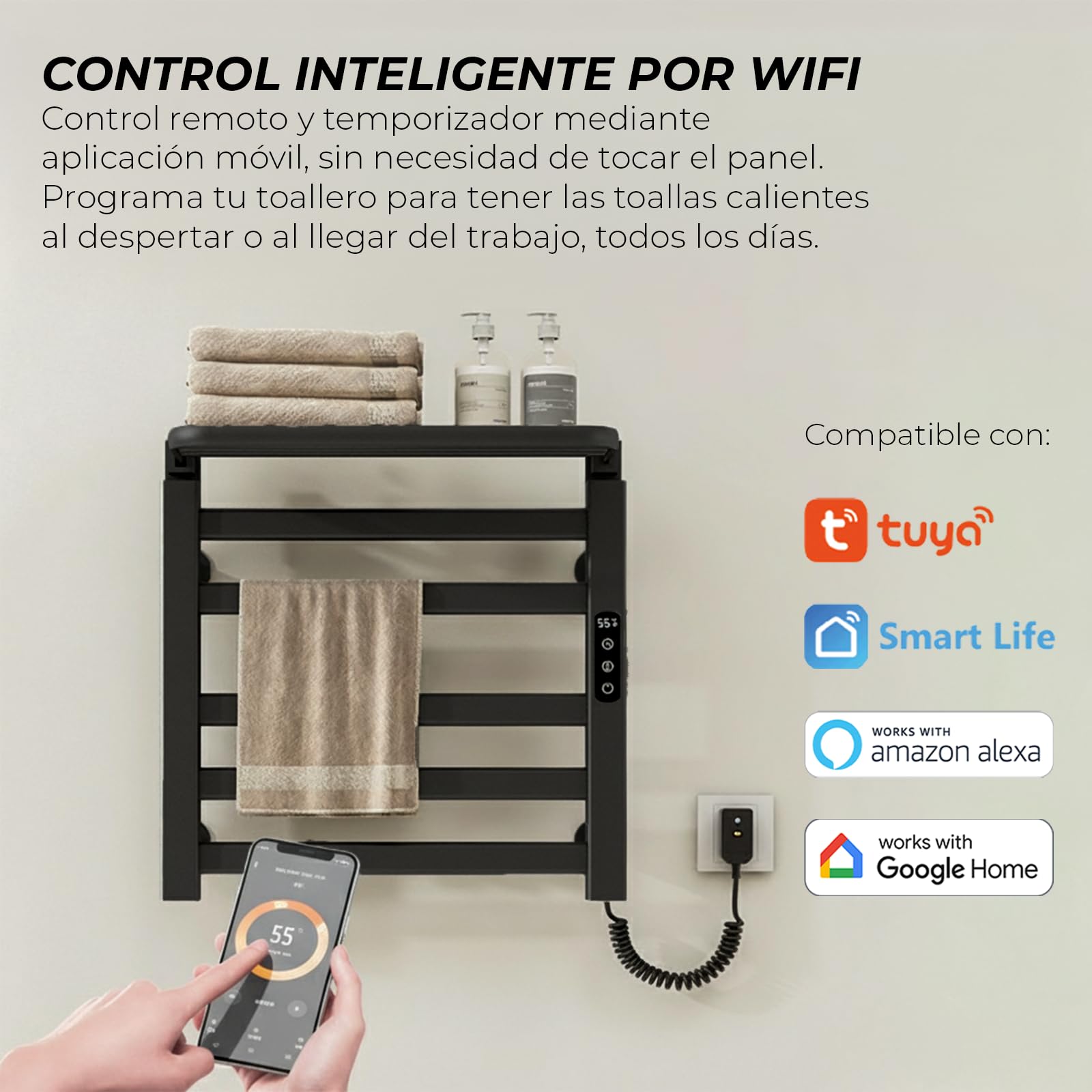 YOEVU | Toallero eléctrico | 100W, Compatible con Alexa | Estante Superior | Pantalla LCD táctil, Control WiFi, Montaje en Pared | Aleación de Aluminio, Negro