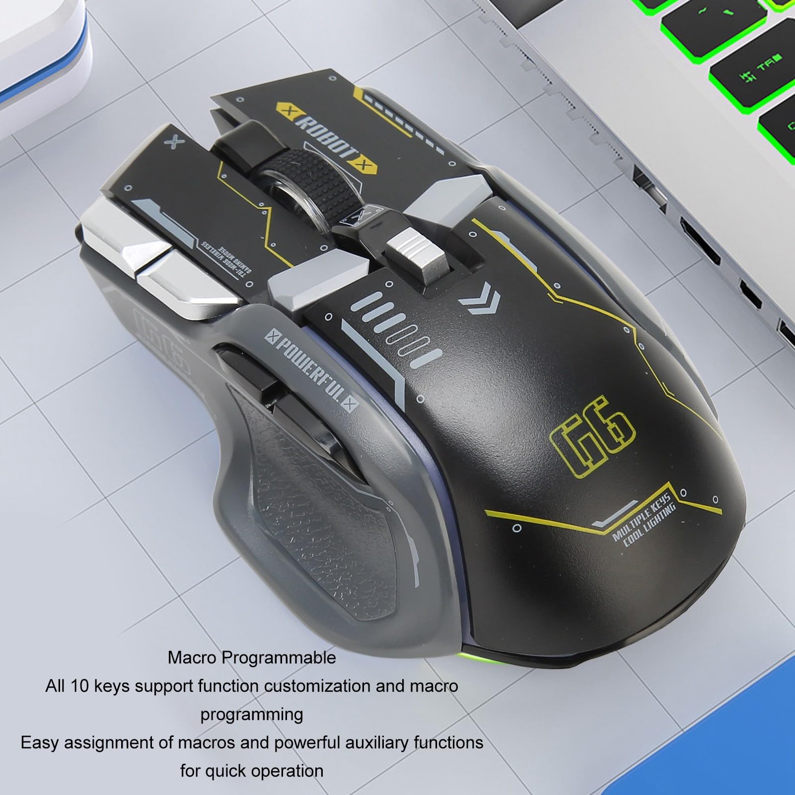 VBESTLIFE Mouse da gioco wireless, 2.4G/cablato/Bluetooth, 3 modalità, 4000 DPI, RGB, 10 pulsanti macro programmabili, per iOS, Android (Nero)
