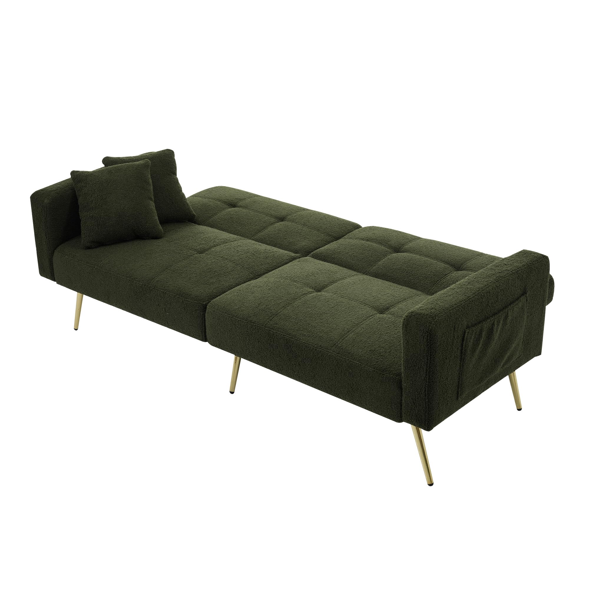 Lubvtti Divano letto 2 posti con schienale regolabile,tasche portaoggetti laterali,cuscini e gambe dorate,divano 2 posti (C-Verde antico)