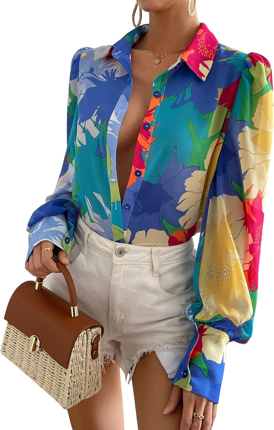 Button Down Shirts for Women Dressy Lantern Long Sleeve Blouses Printed Casual Loose Colorful Blouse Work Tops - Image 4