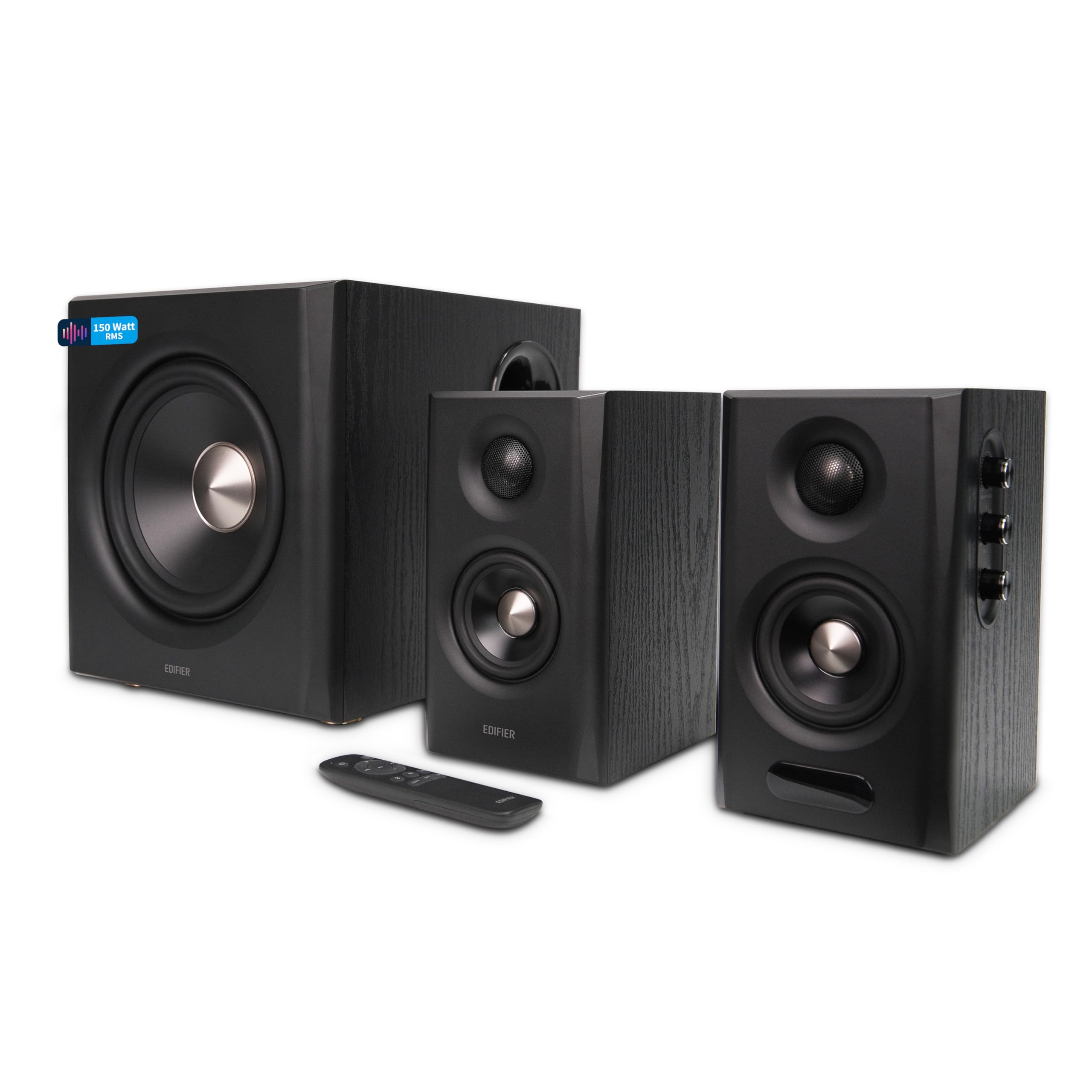 Edifier S355DB Système d'enceintes Hi?Res 2.1 ? 150 W RMS, 5,8 GHz sans fil, HDMI eARC, LDAC Bluetooth 6.0, USB?C, optique, coaxial, triple ampli DSP, design premium (noir)
